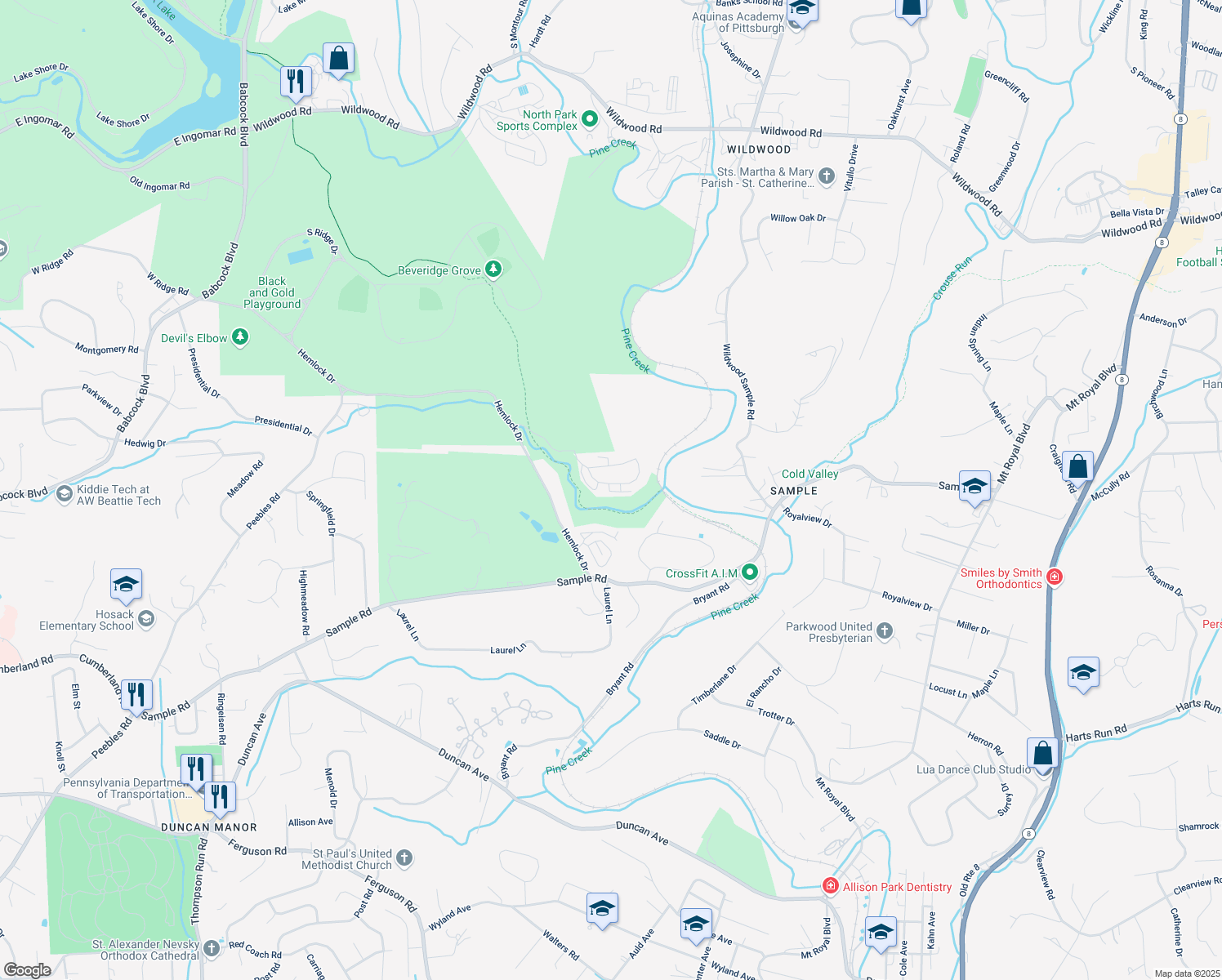 map of restaurants, bars, coffee shops, grocery stores, and more near 4560 Bucktail Drive in Hampton Township