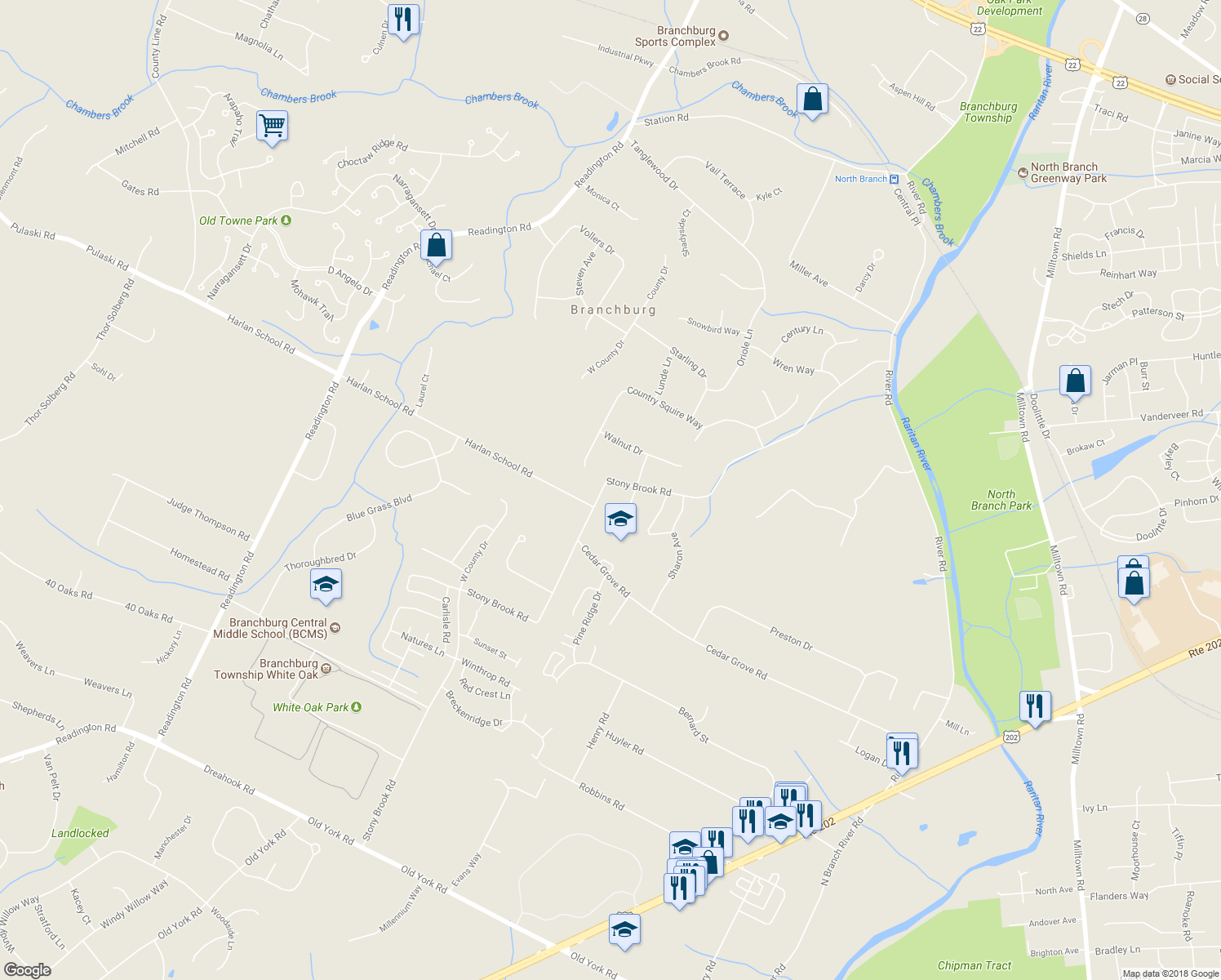 map of restaurants, bars, coffee shops, grocery stores, and more near 121 Stony Brook Road in Branchburg