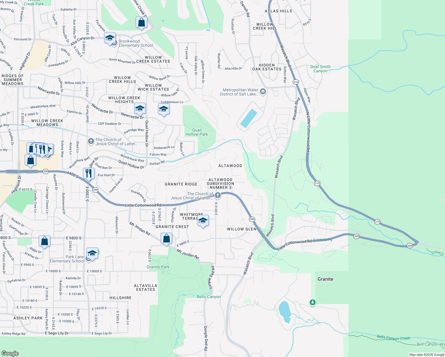 map of restaurants, bars, coffee shops, grocery stores, and more near 9445 Marksbury Circle in Sandy