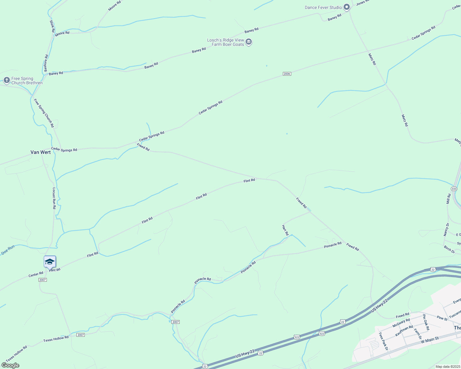 map of restaurants, bars, coffee shops, grocery stores, and more near Flint Road in Juniata County