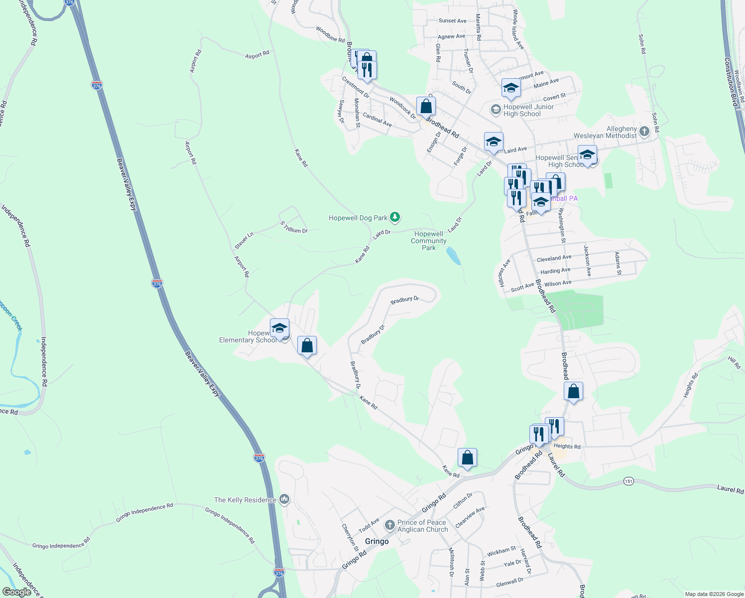 map of restaurants, bars, coffee shops, grocery stores, and more near 3157 Bradbury Drive in Aliquippa