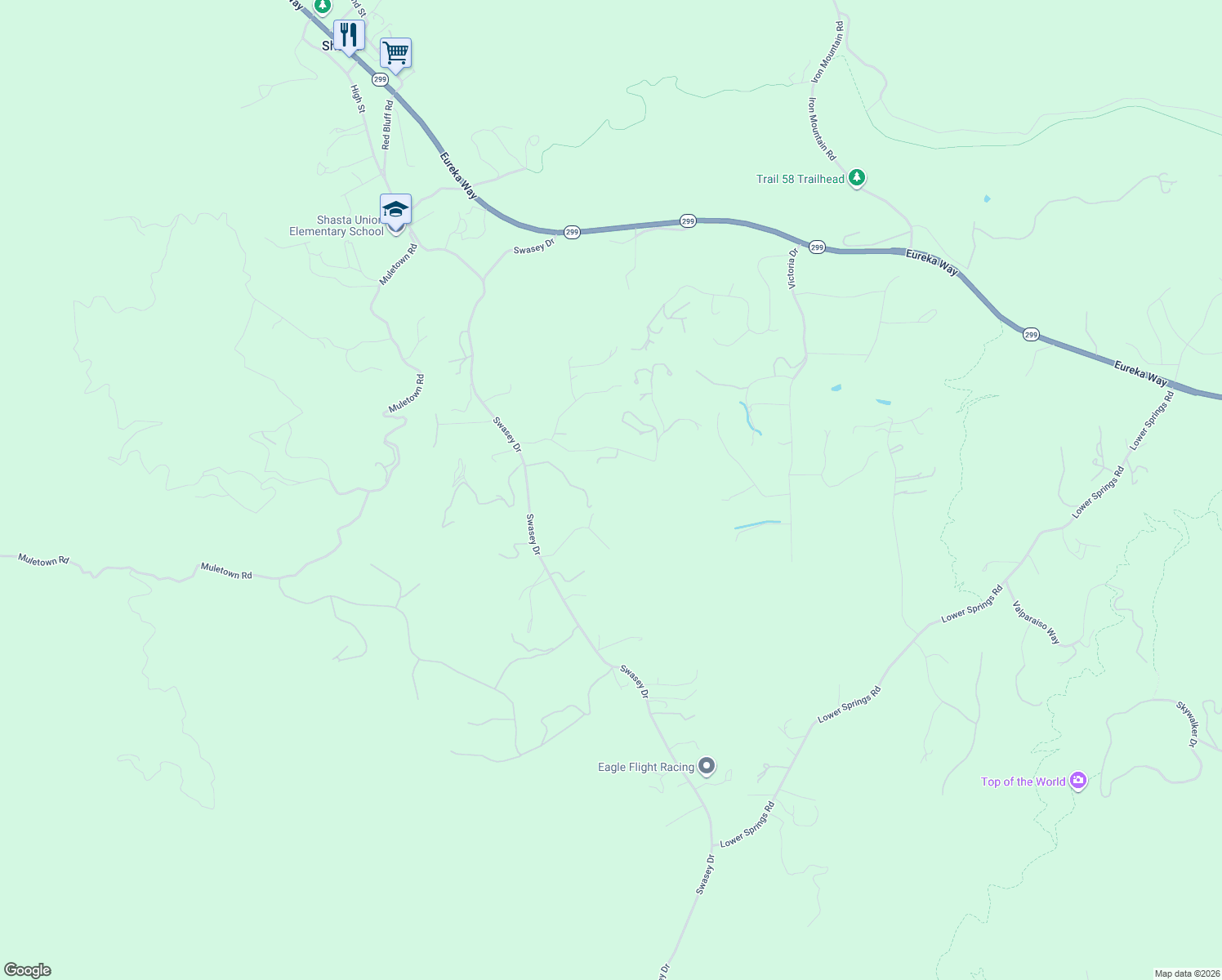 map of restaurants, bars, coffee shops, grocery stores, and more near 15691 Old Stage Coach Road in Redding