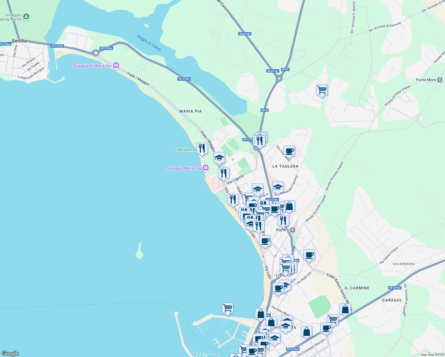 map of restaurants, bars, coffee shops, grocery stores, and more near 2 Viale I Maggio in Alghero