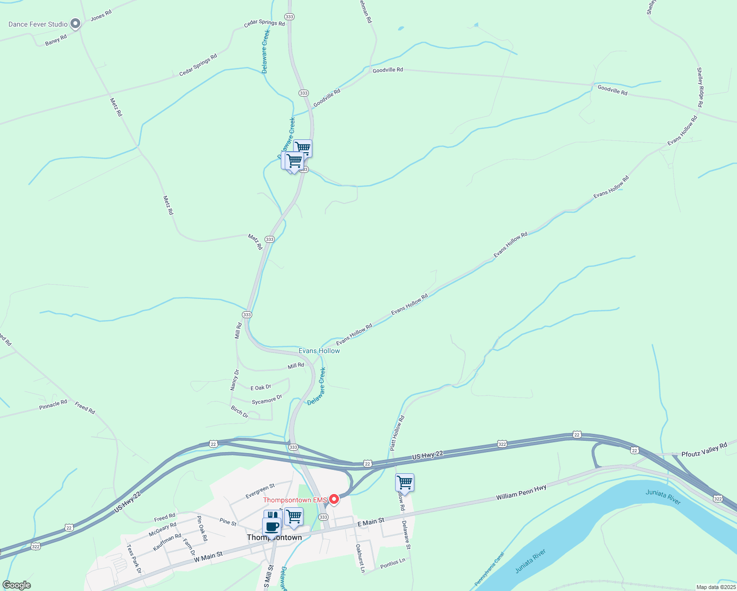 map of restaurants, bars, coffee shops, grocery stores, and more near in Thompsontown