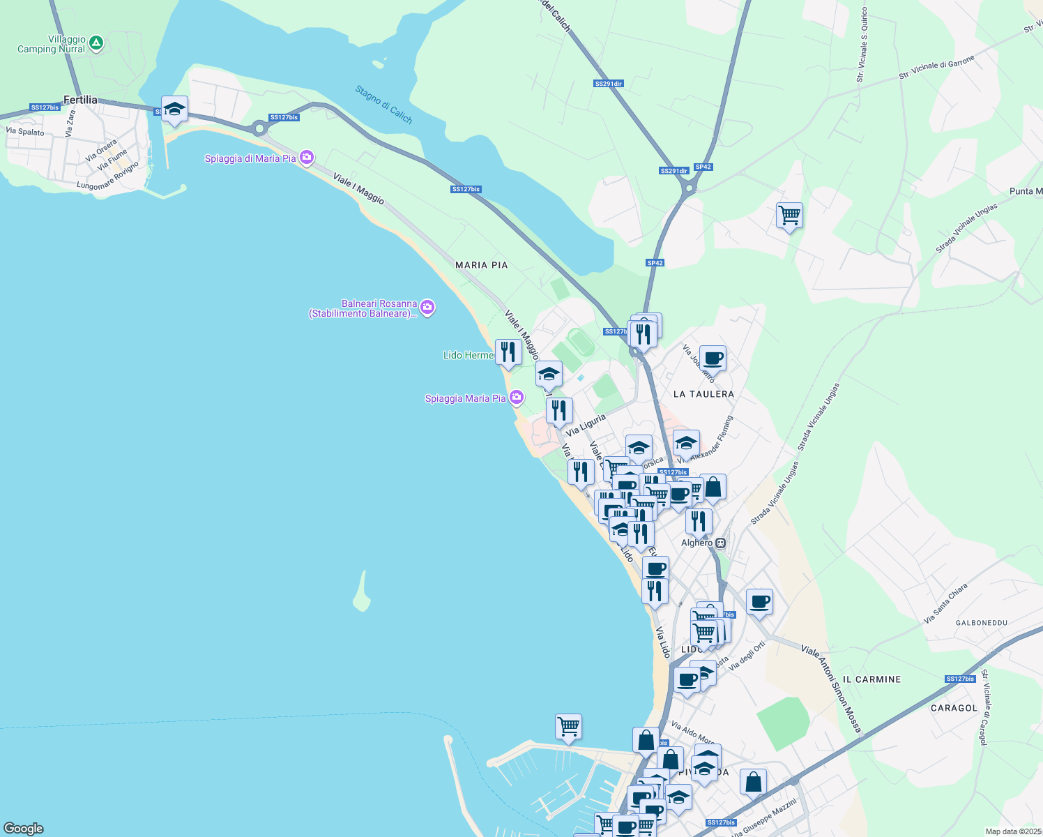 map of restaurants, bars, coffee shops, grocery stores, and more near 2 Viale I Maggio in Alghero