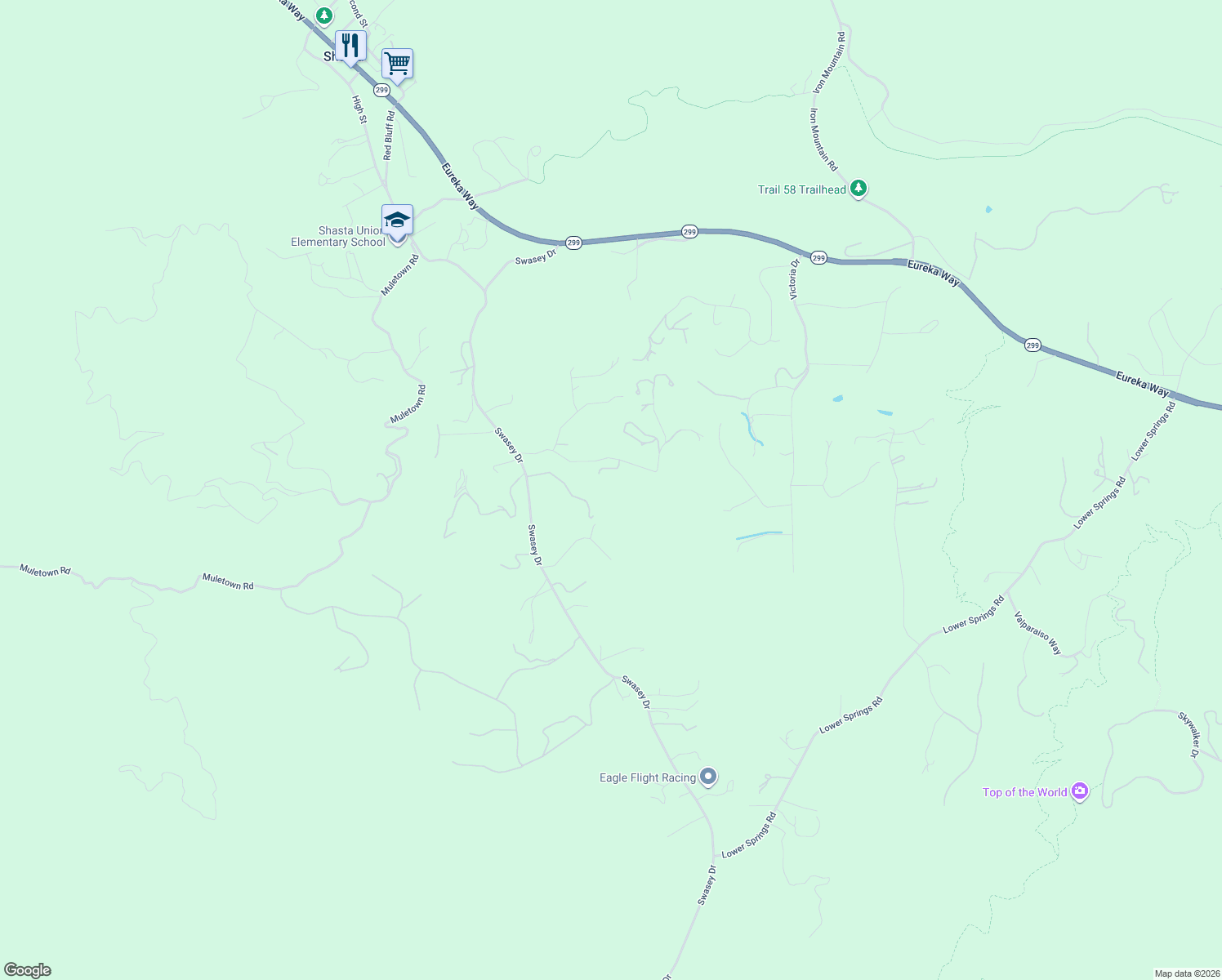 map of restaurants, bars, coffee shops, grocery stores, and more near 15691 Old Stage Coach Road in Redding