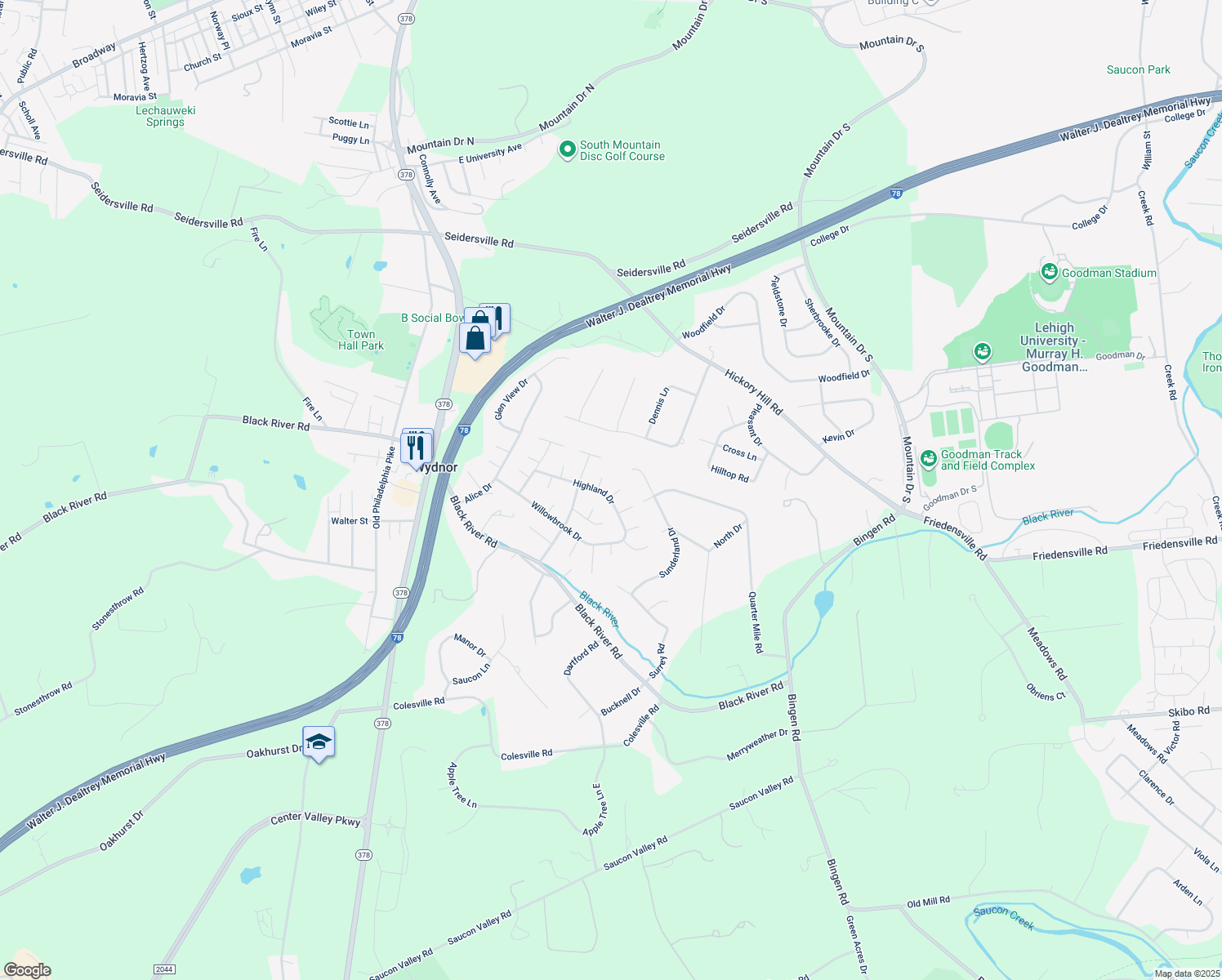 map of restaurants, bars, coffee shops, grocery stores, and more near 1531 Dixon Court in Bethlehem