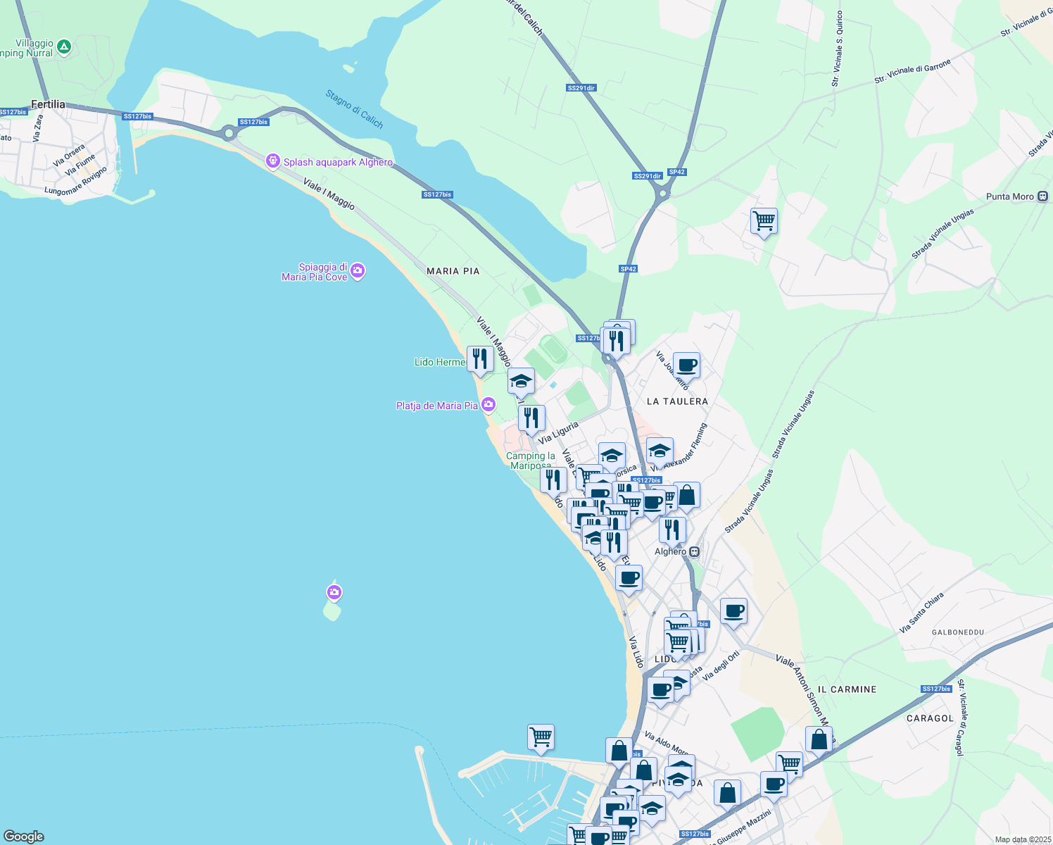 map of restaurants, bars, coffee shops, grocery stores, and more near Via Francesco Costantino in Alghero