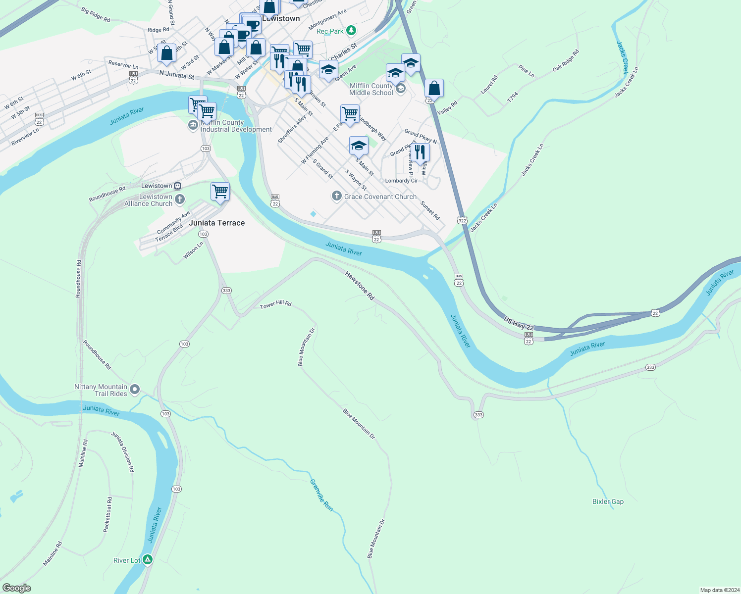 map of restaurants, bars, coffee shops, grocery stores, and more near 548 Hawstone Road in Lewistown