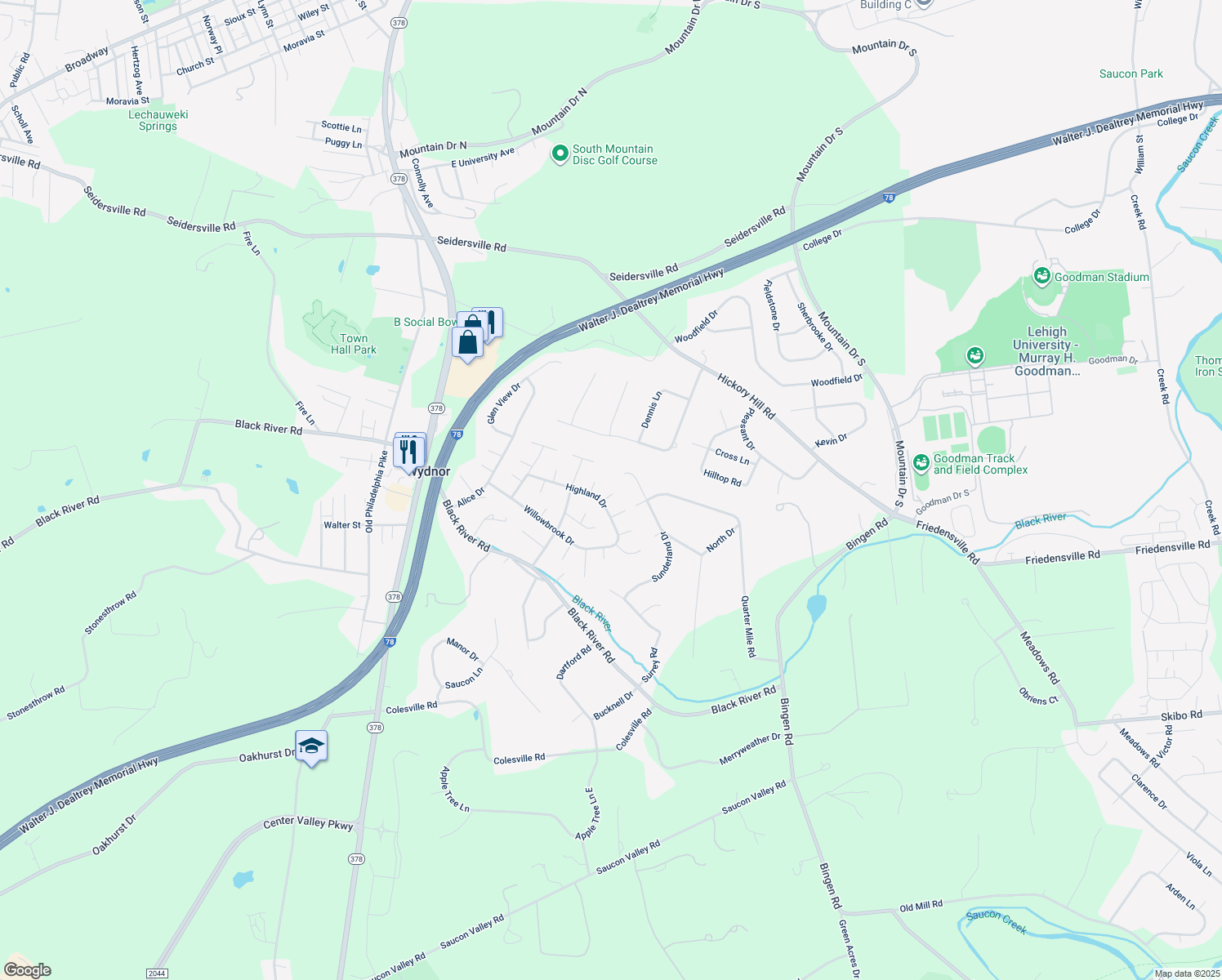 map of restaurants, bars, coffee shops, grocery stores, and more near 1533 Dixon Court in Bethlehem