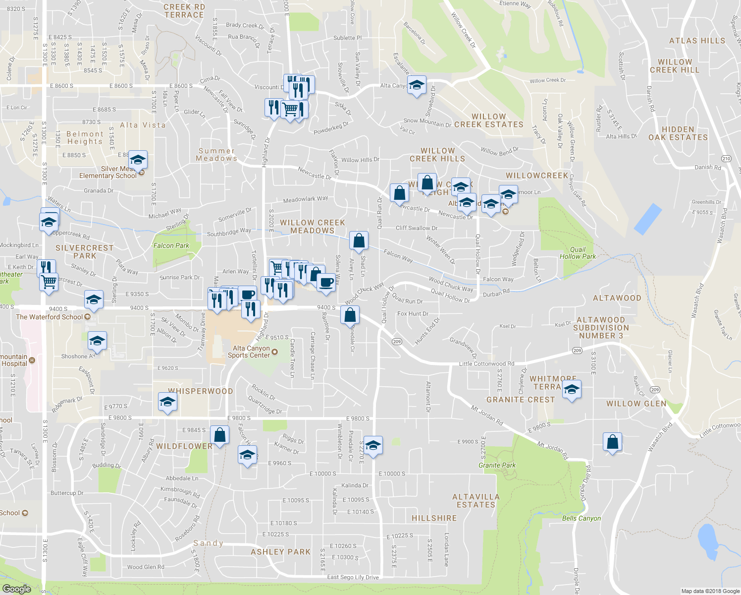 map of restaurants, bars, coffee shops, grocery stores, and more near 2285 Blossomwood Circle in Sandy