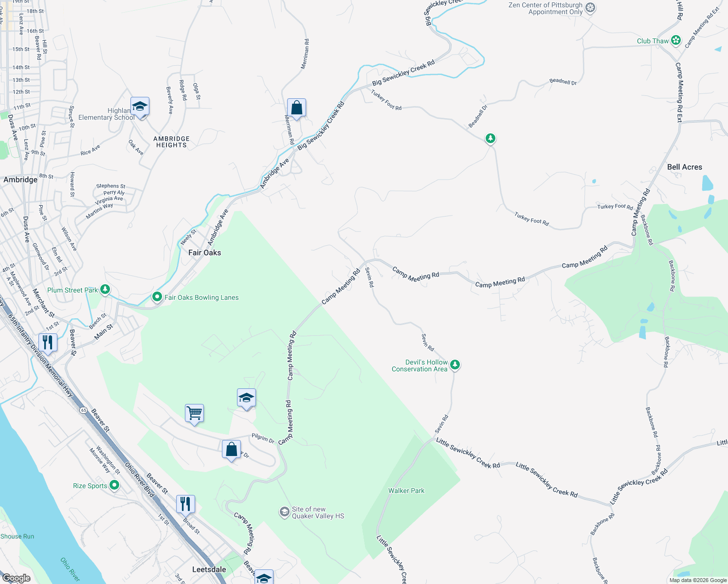 map of restaurants, bars, coffee shops, grocery stores, and more near 720 Camp Meeting Road in Sewickley