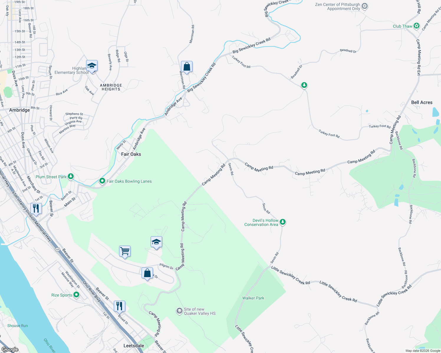map of restaurants, bars, coffee shops, grocery stores, and more near 720 Camp Meeting Road in Sewickley