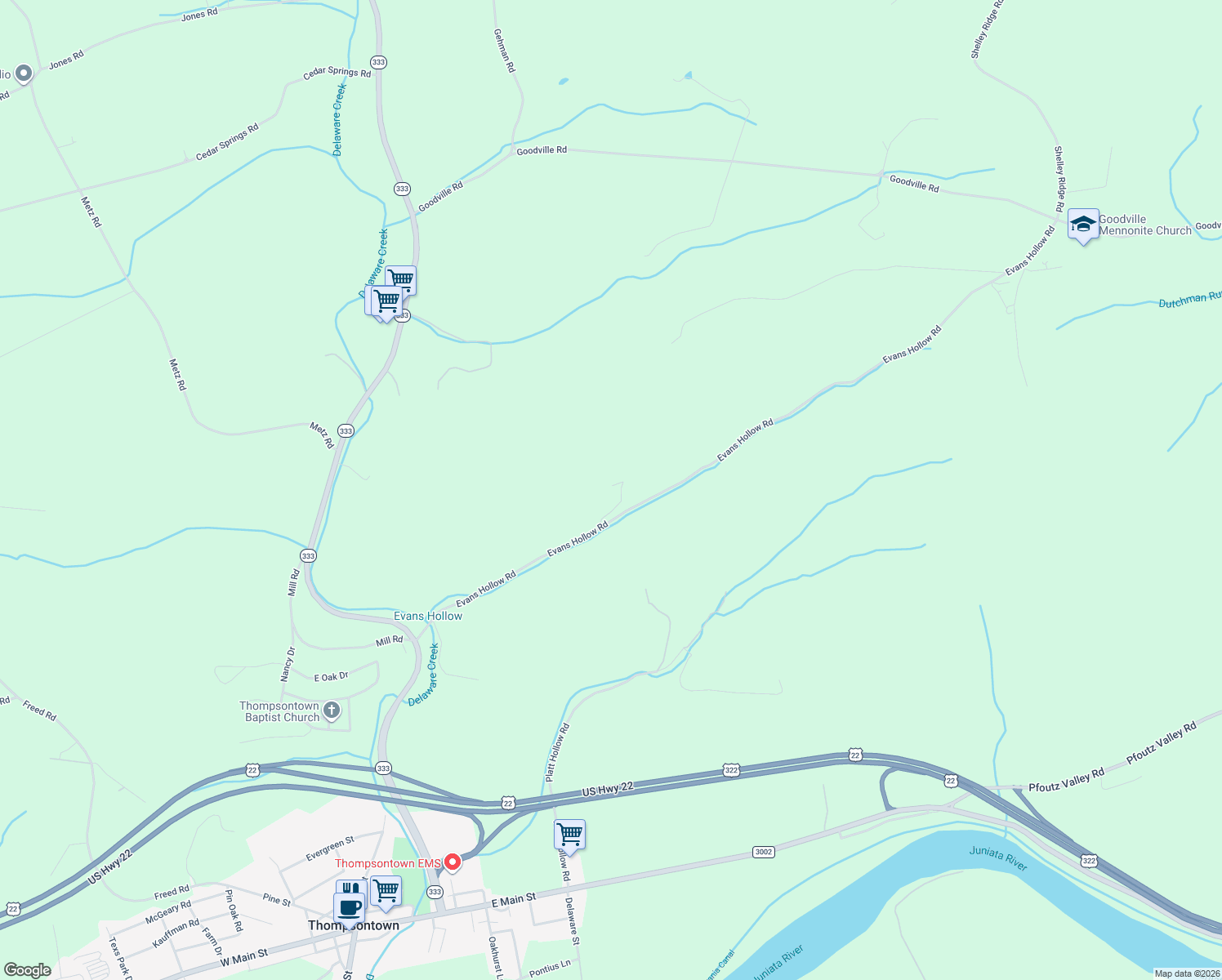 map of restaurants, bars, coffee shops, grocery stores, and more near 613 Evans Hollow Road in Thompsontown