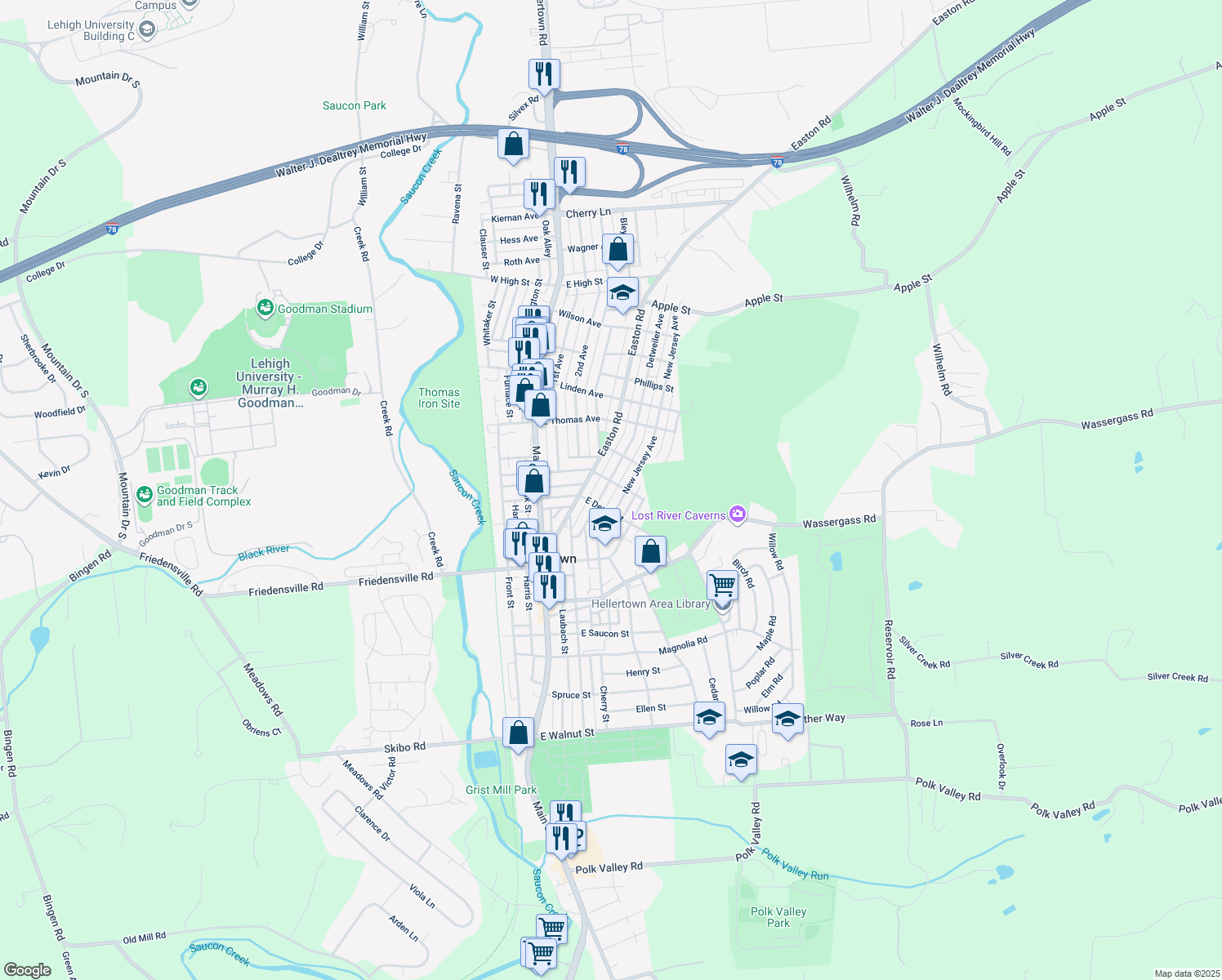 map of restaurants, bars, coffee shops, grocery stores, and more near 939 Detweiler Ave in Hellertown