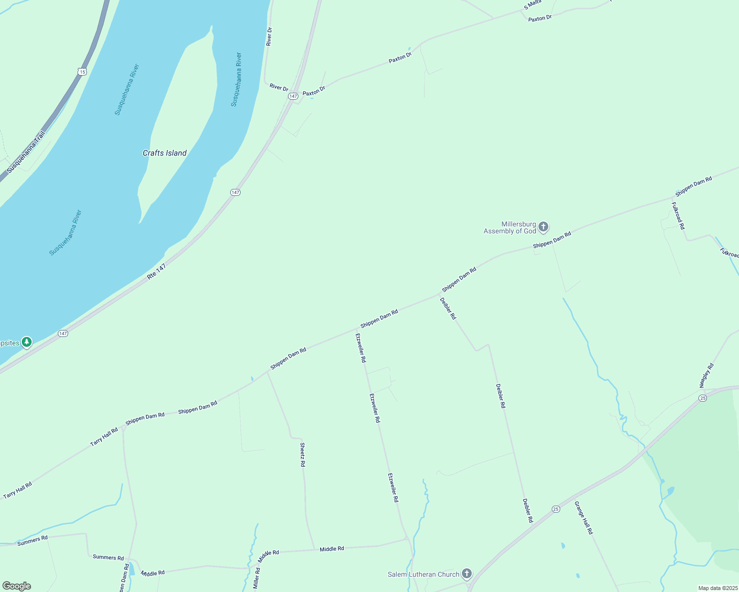 map of restaurants, bars, coffee shops, grocery stores, and more near Shippen Dam Road in Millersburg