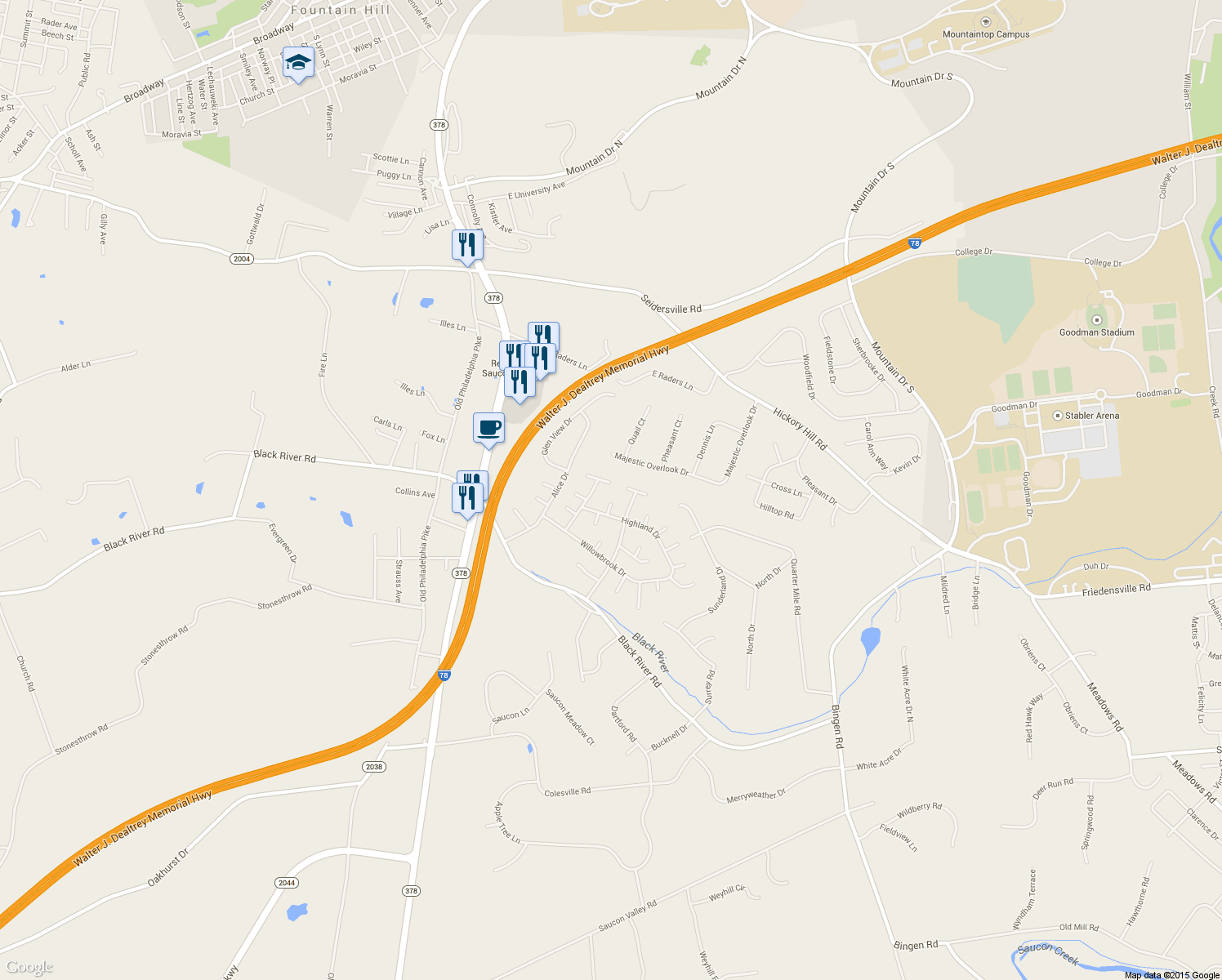 map of restaurants, bars, coffee shops, grocery stores, and more near 1499 Amherst Court in Bethlehem