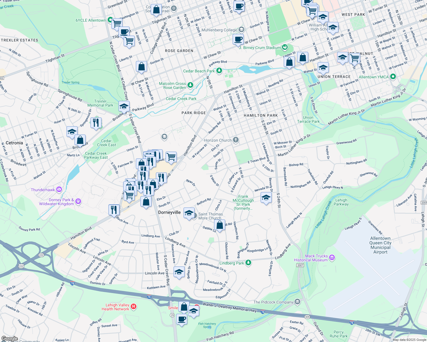 map of restaurants, bars, coffee shops, grocery stores, and more near 2813 E Texas Blvd in Allentown