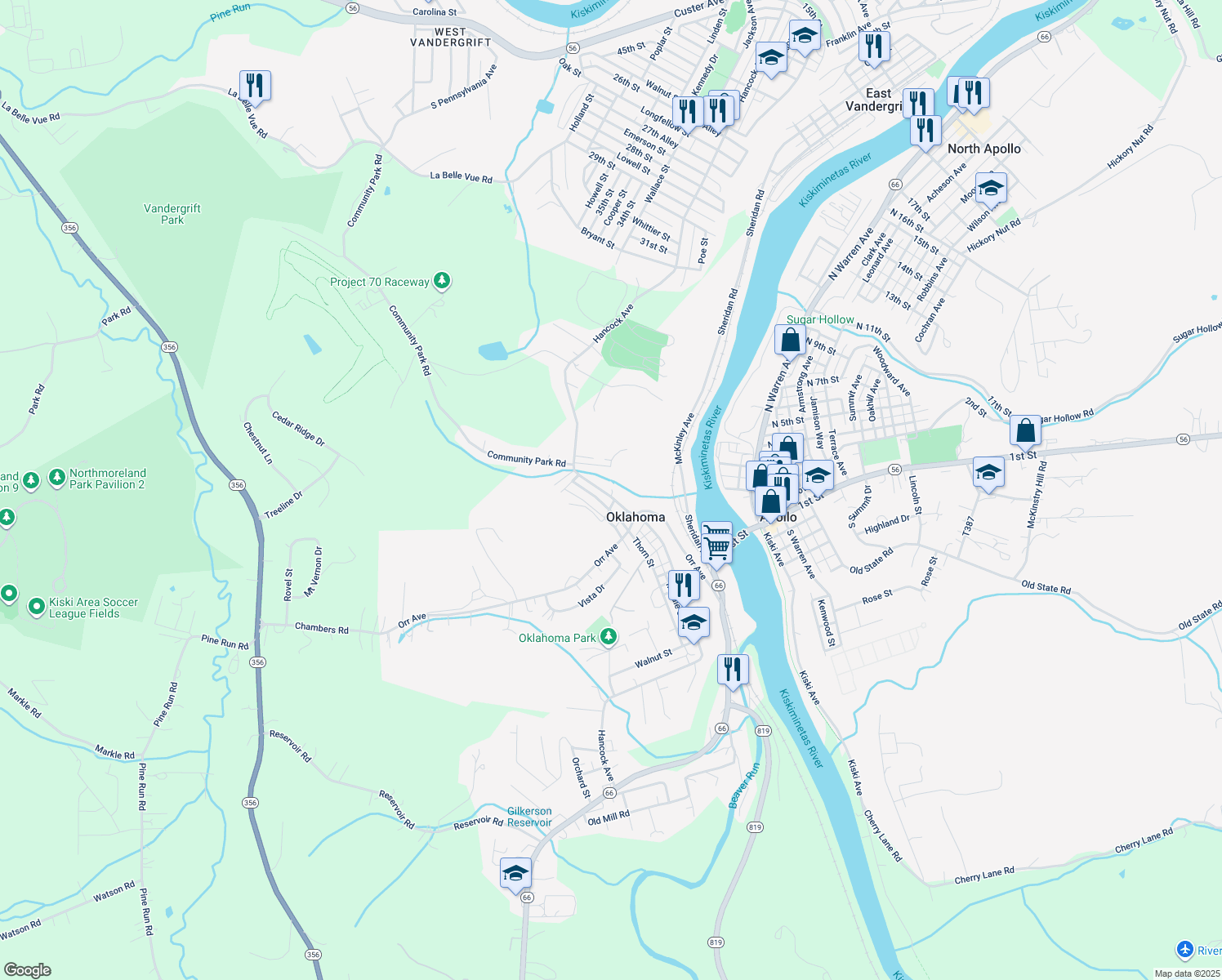 map of restaurants, bars, coffee shops, grocery stores, and more near 1337 Hancock Ave in Vandergrift