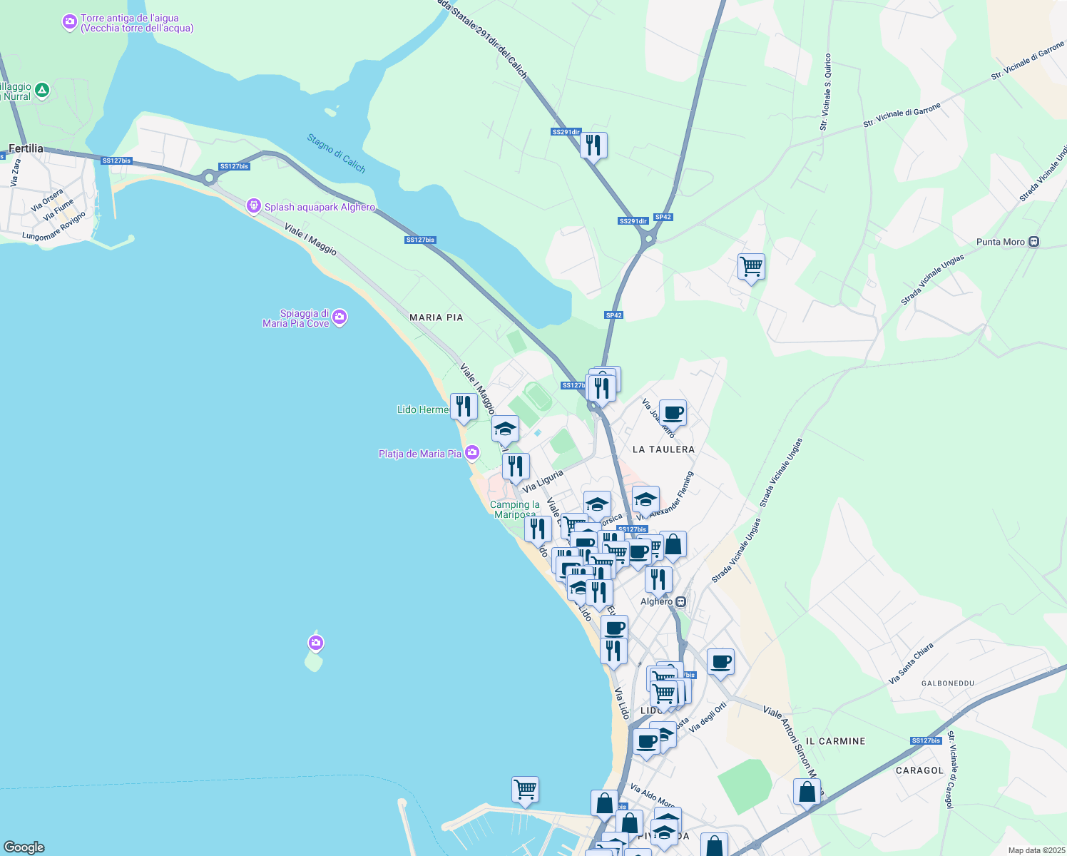 map of restaurants, bars, coffee shops, grocery stores, and more near Via Francesco Costantino in Alghero