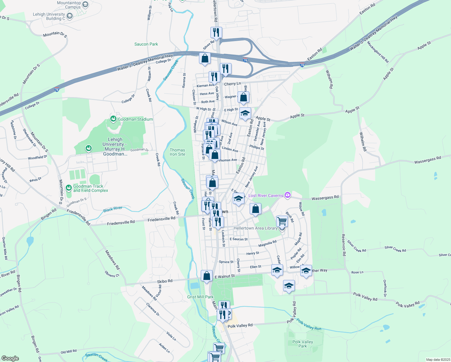 map of restaurants, bars, coffee shops, grocery stores, and more near 118 East Chestnut Street in Hellertown