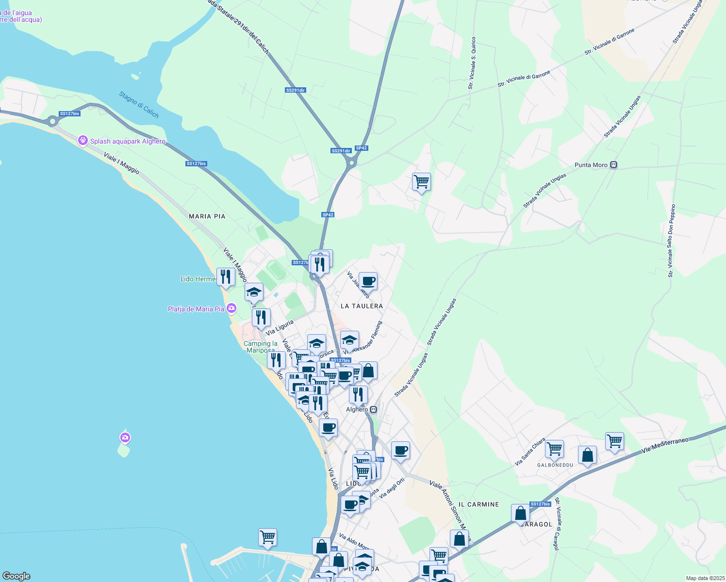 map of restaurants, bars, coffee shops, grocery stores, and more near Via Joan Miró in Alghero