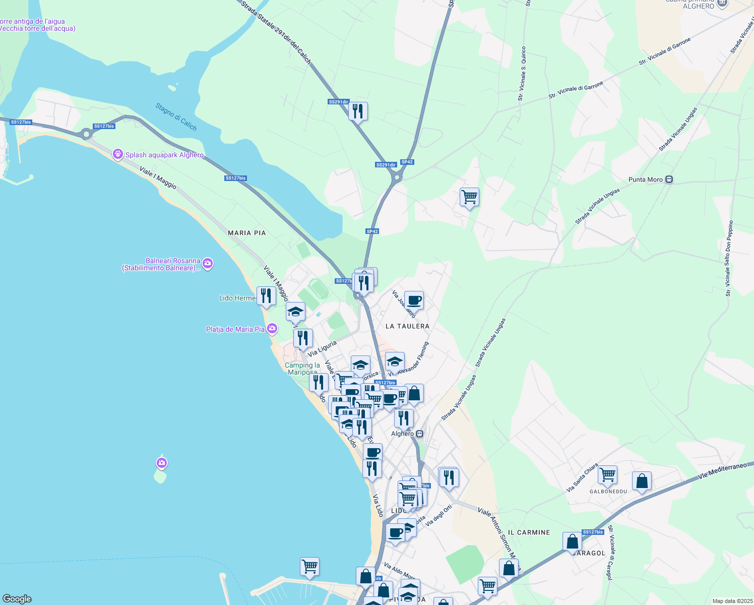 map of restaurants, bars, coffee shops, grocery stores, and more near 29 Via Antoni Gaudì in Alghero