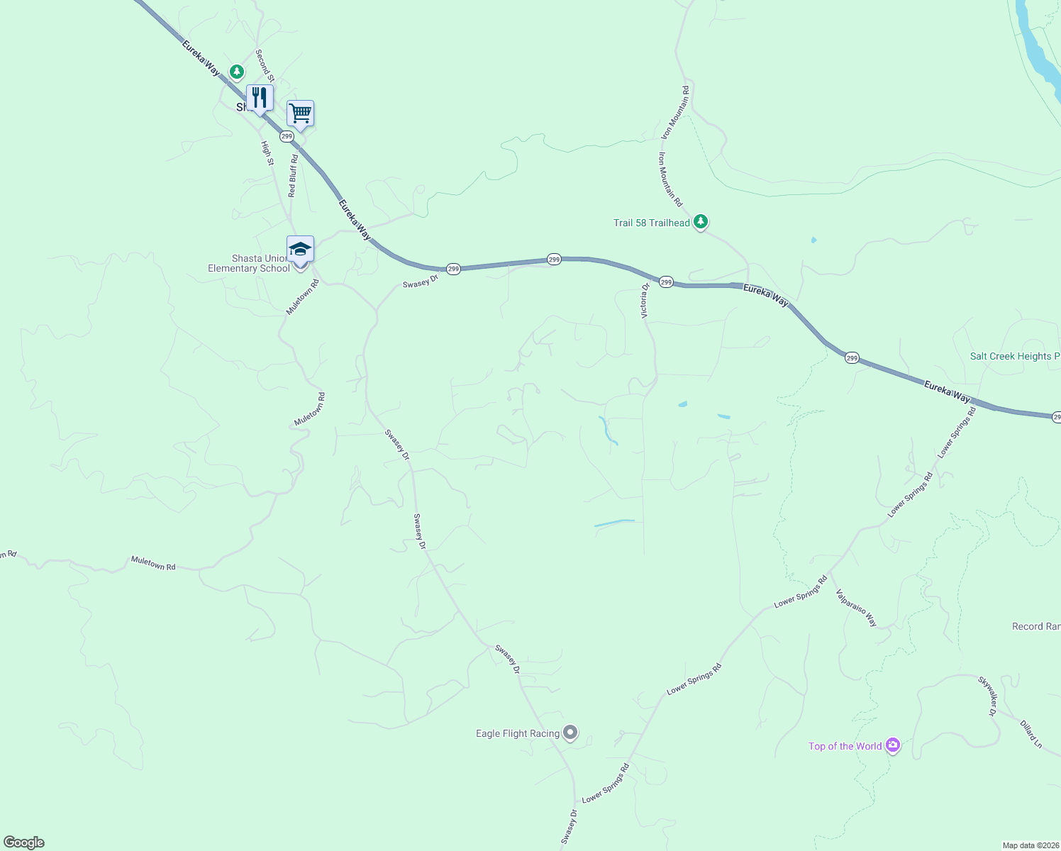 map of restaurants, bars, coffee shops, grocery stores, and more near 15809 Old Stage Coach Road in Redding