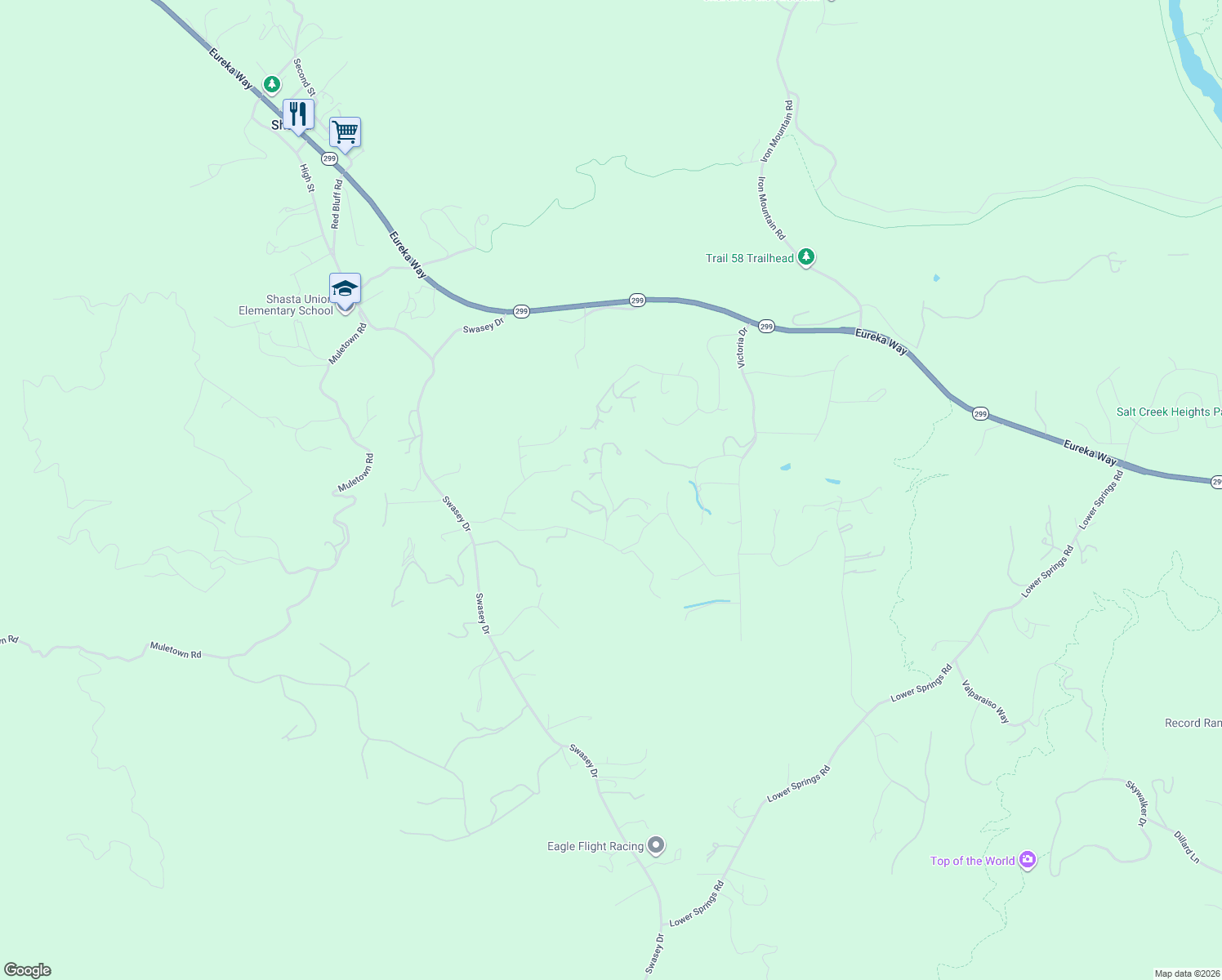 map of restaurants, bars, coffee shops, grocery stores, and more near 15809 Old Stage Coach Road in Redding
