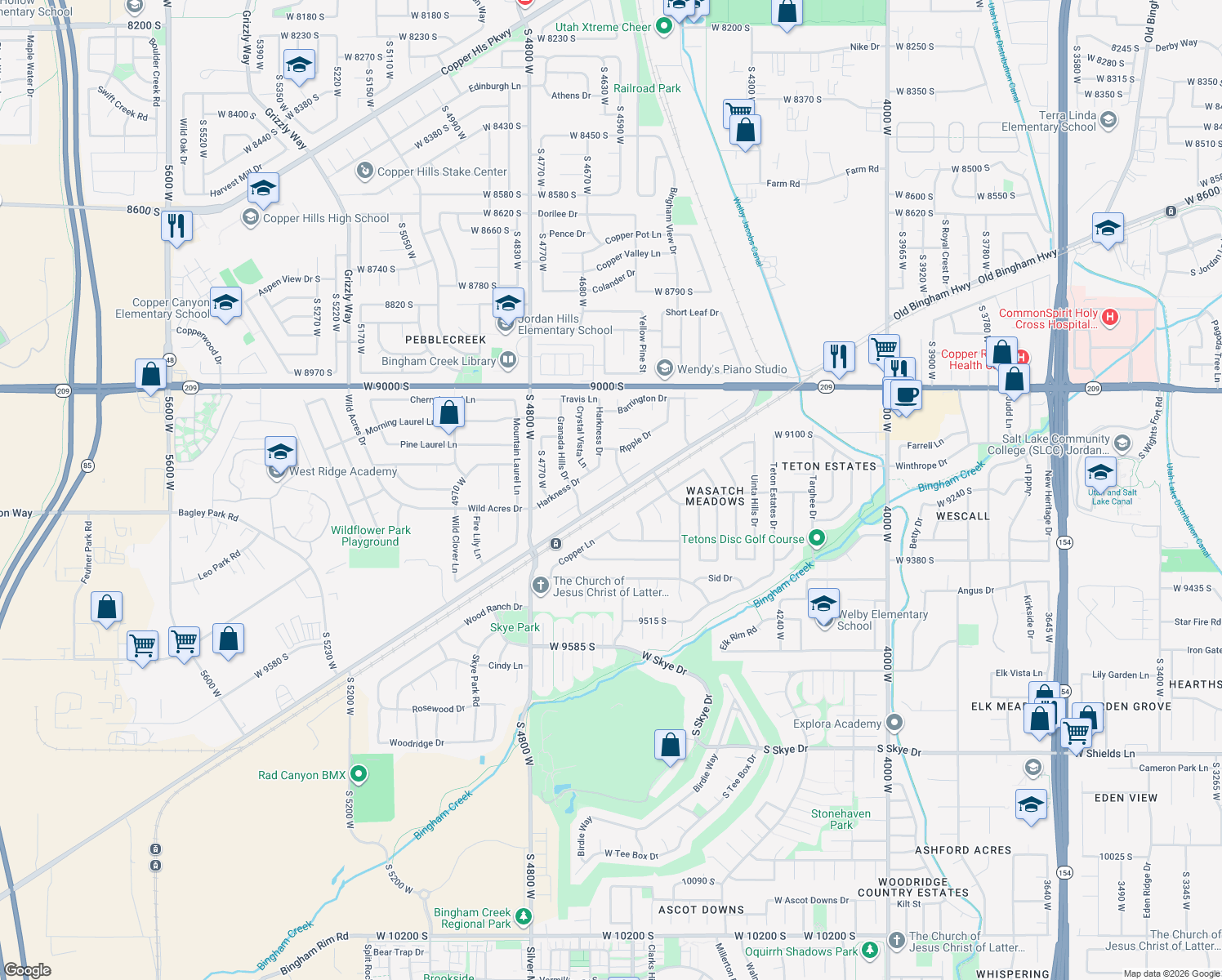 map of restaurants, bars, coffee shops, grocery stores, and more near 4637 Moose Horn Court in West Jordan