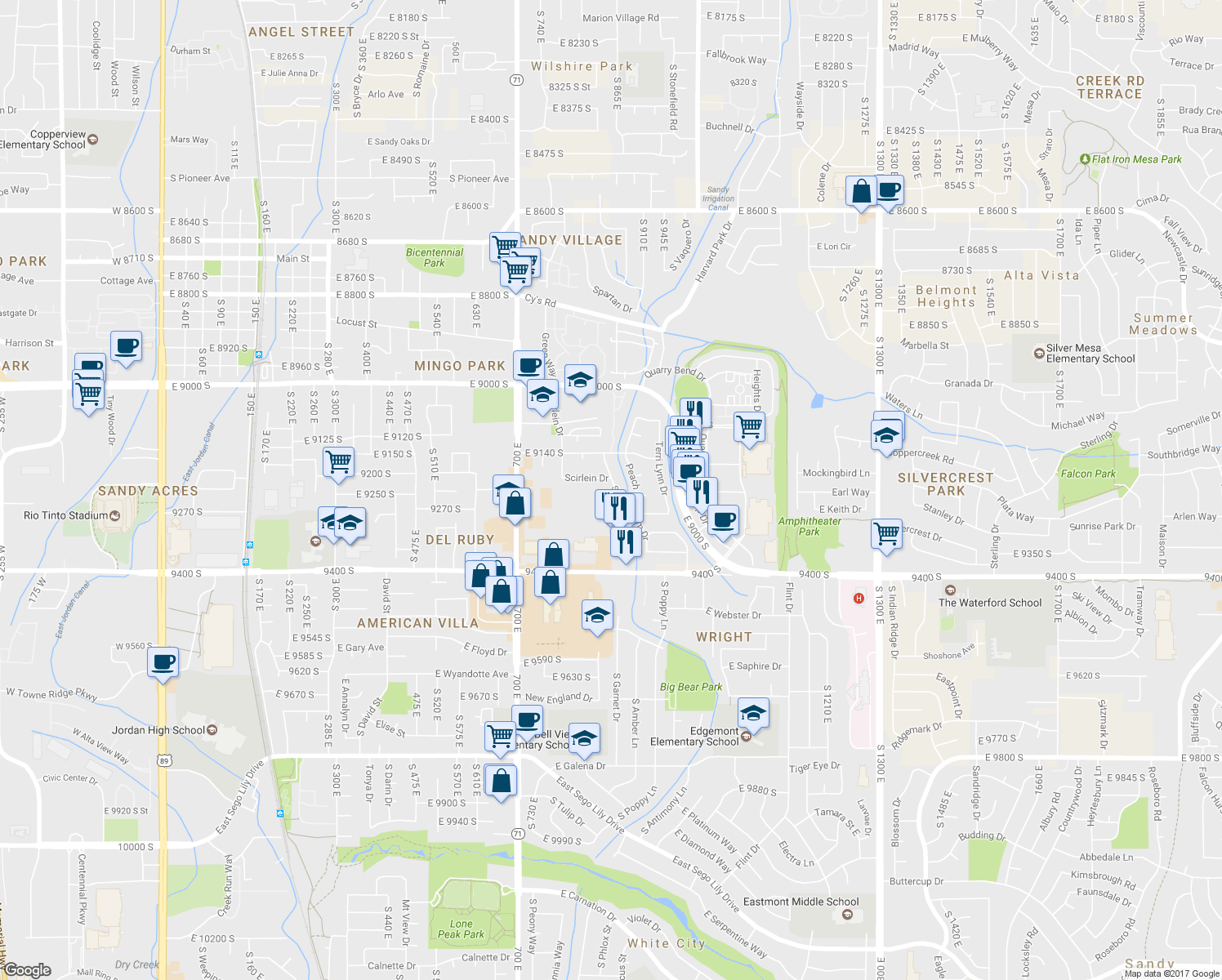 map of restaurants, bars, coffee shops, grocery stores, and more near 9218 South 855 East in Sandy