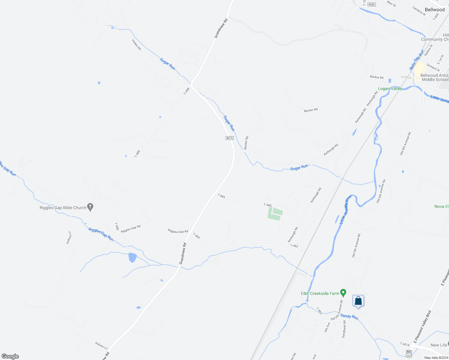 map of restaurants, bars, coffee shops, grocery stores, and more near 413 Grandview Road in Tyrone