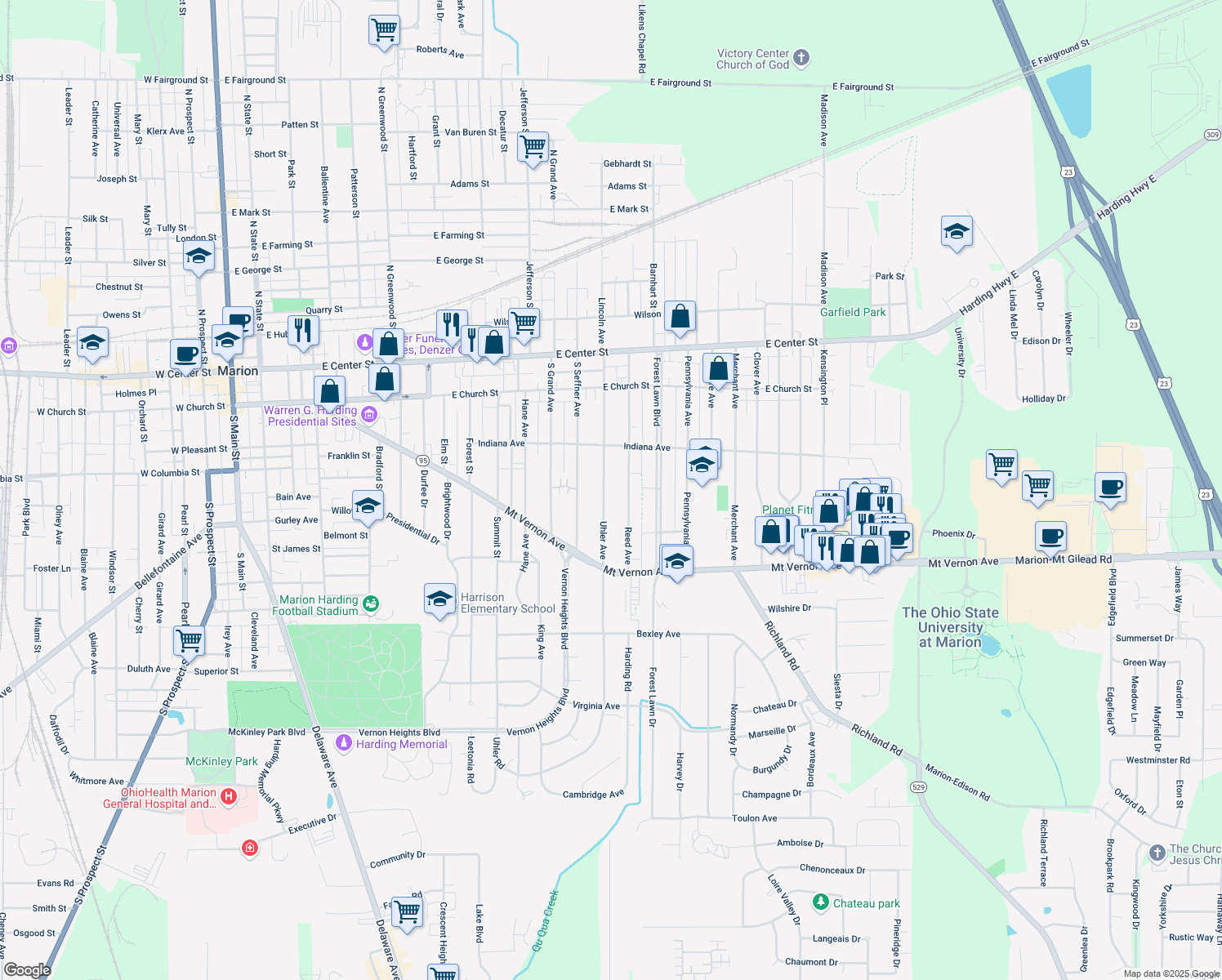 map of restaurants, bars, coffee shops, grocery stores, and more near 374 Uhler Ave in Marion