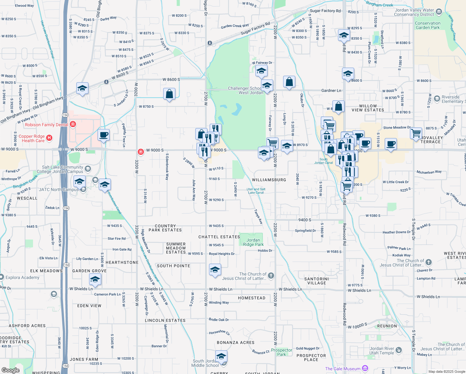 map of restaurants, bars, coffee shops, grocery stores, and more near 9210 S 2490 W in West Jordan