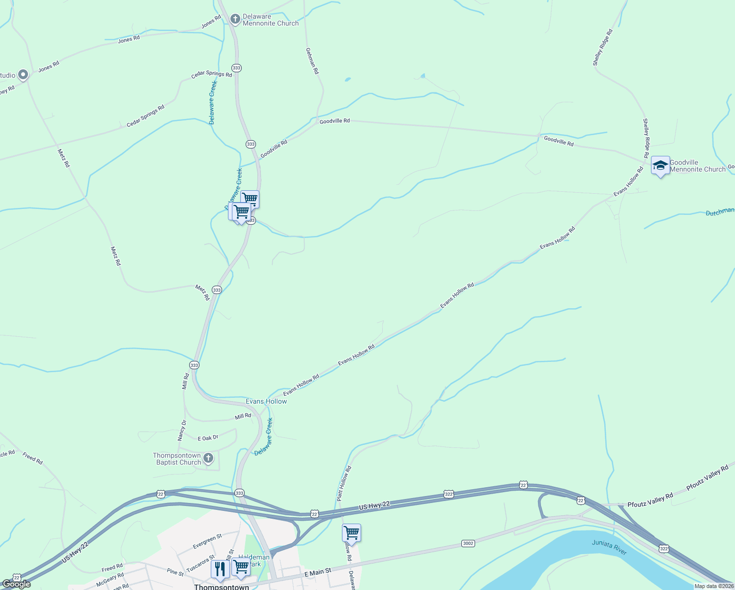 map of restaurants, bars, coffee shops, grocery stores, and more near in Thompsontown