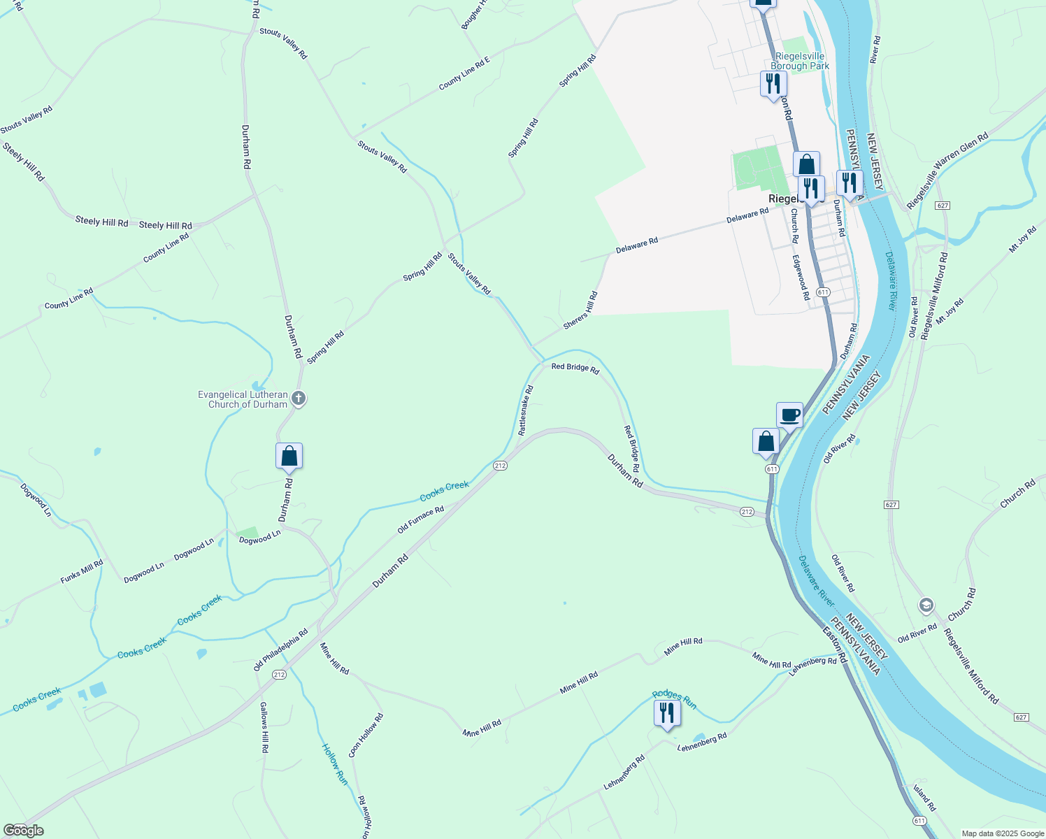 map of restaurants, bars, coffee shops, grocery stores, and more near 130 Rattlesnake Road in Kintnersville