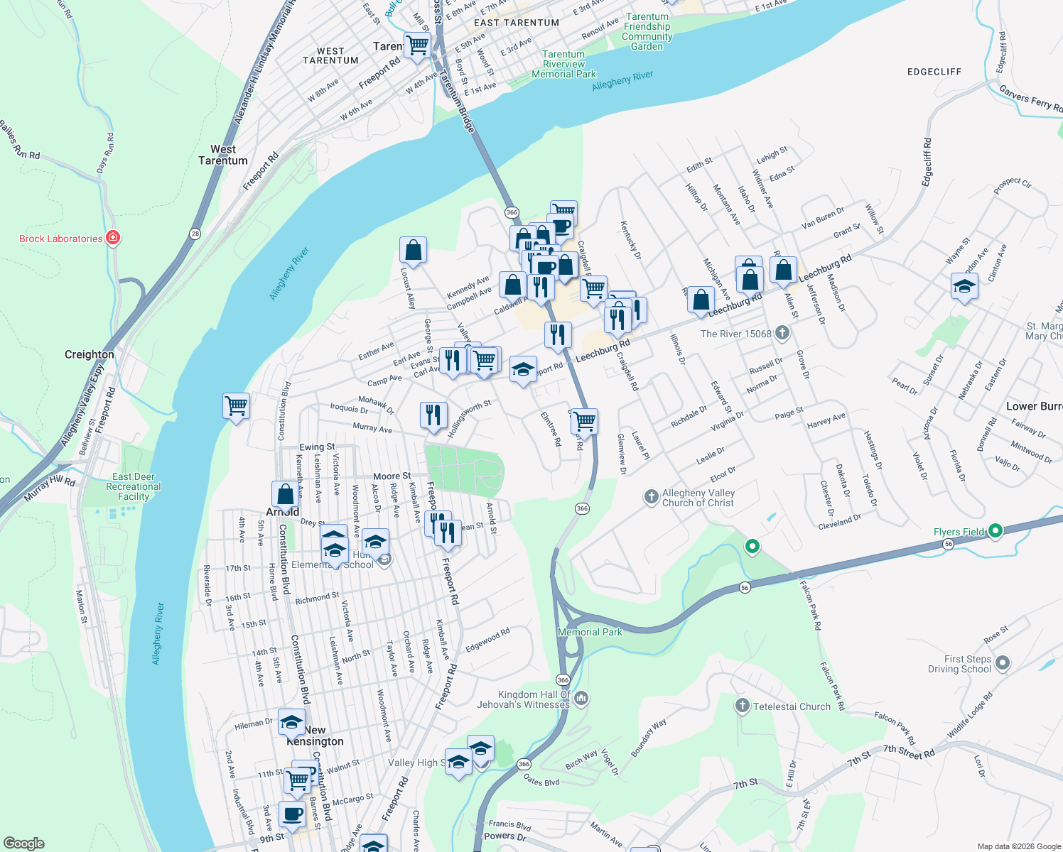 map of restaurants, bars, coffee shops, grocery stores, and more near 288 Elmtree Rd in New Kensington