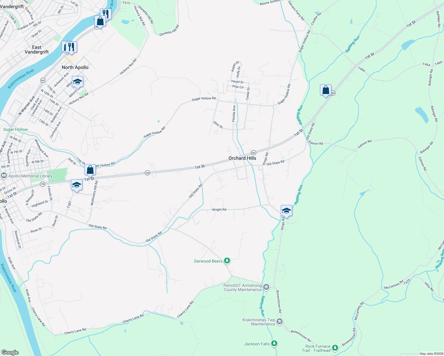 map of restaurants, bars, coffee shops, grocery stores, and more near 613 Patterson Rd in Apollo