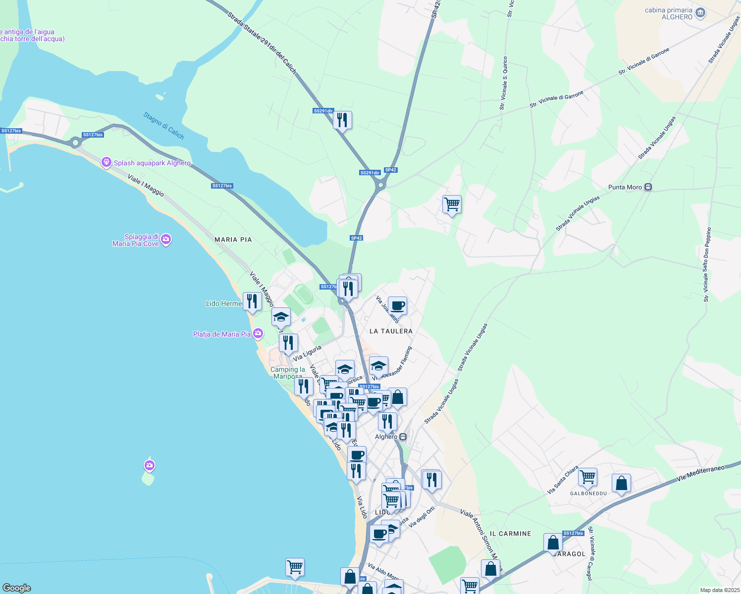 map of restaurants, bars, coffee shops, grocery stores, and more near 29 Via Antoni Gaudì in Alghero