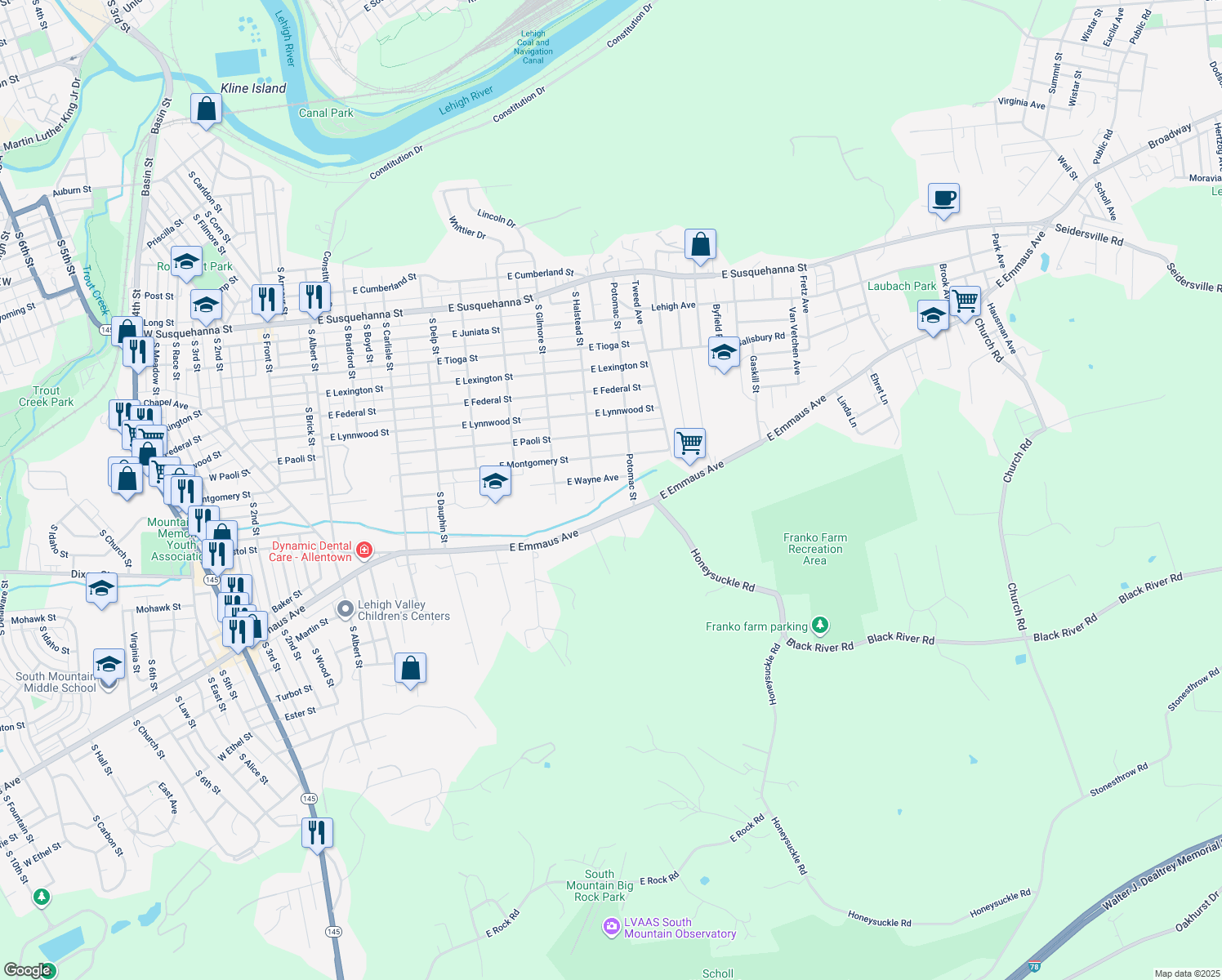 map of restaurants, bars, coffee shops, grocery stores, and more near 818 East Wayne Avenue in Allentown