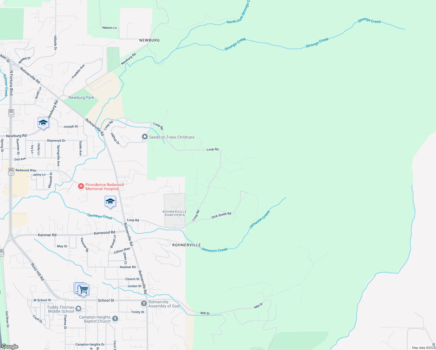 map of restaurants, bars, coffee shops, grocery stores, and more near 2650 Loop Road in Fortuna