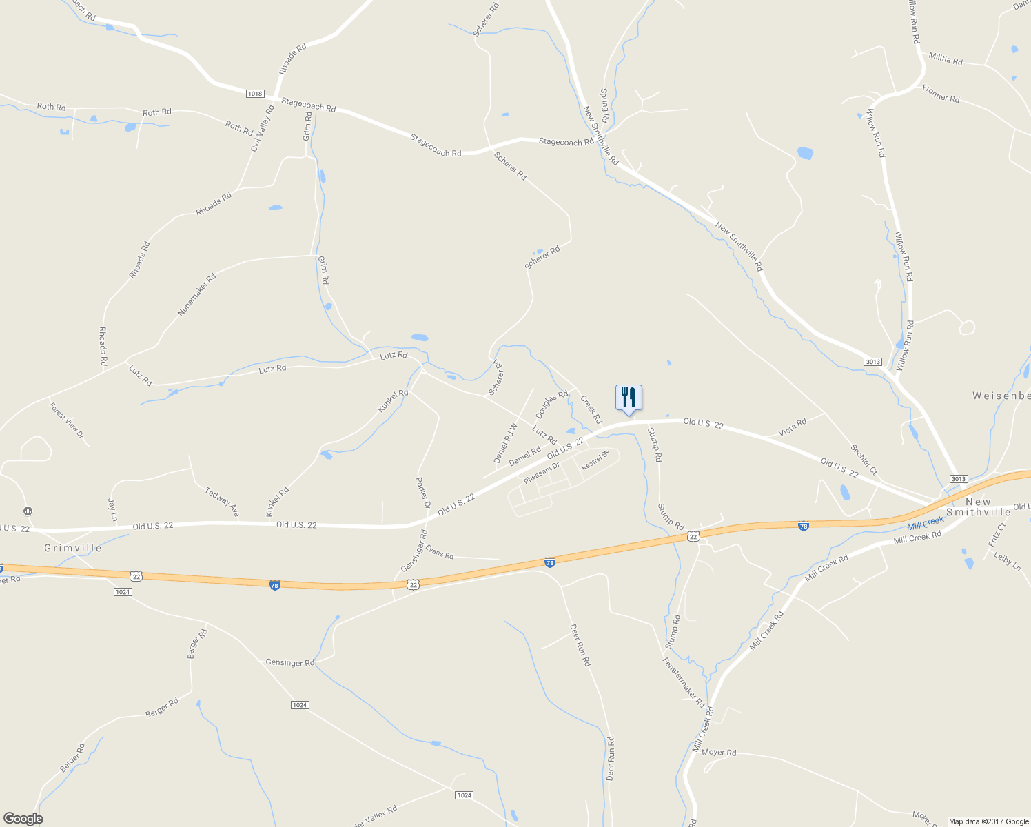 map of restaurants, bars, coffee shops, grocery stores, and more near 107 Daniel Road East in Kutztown