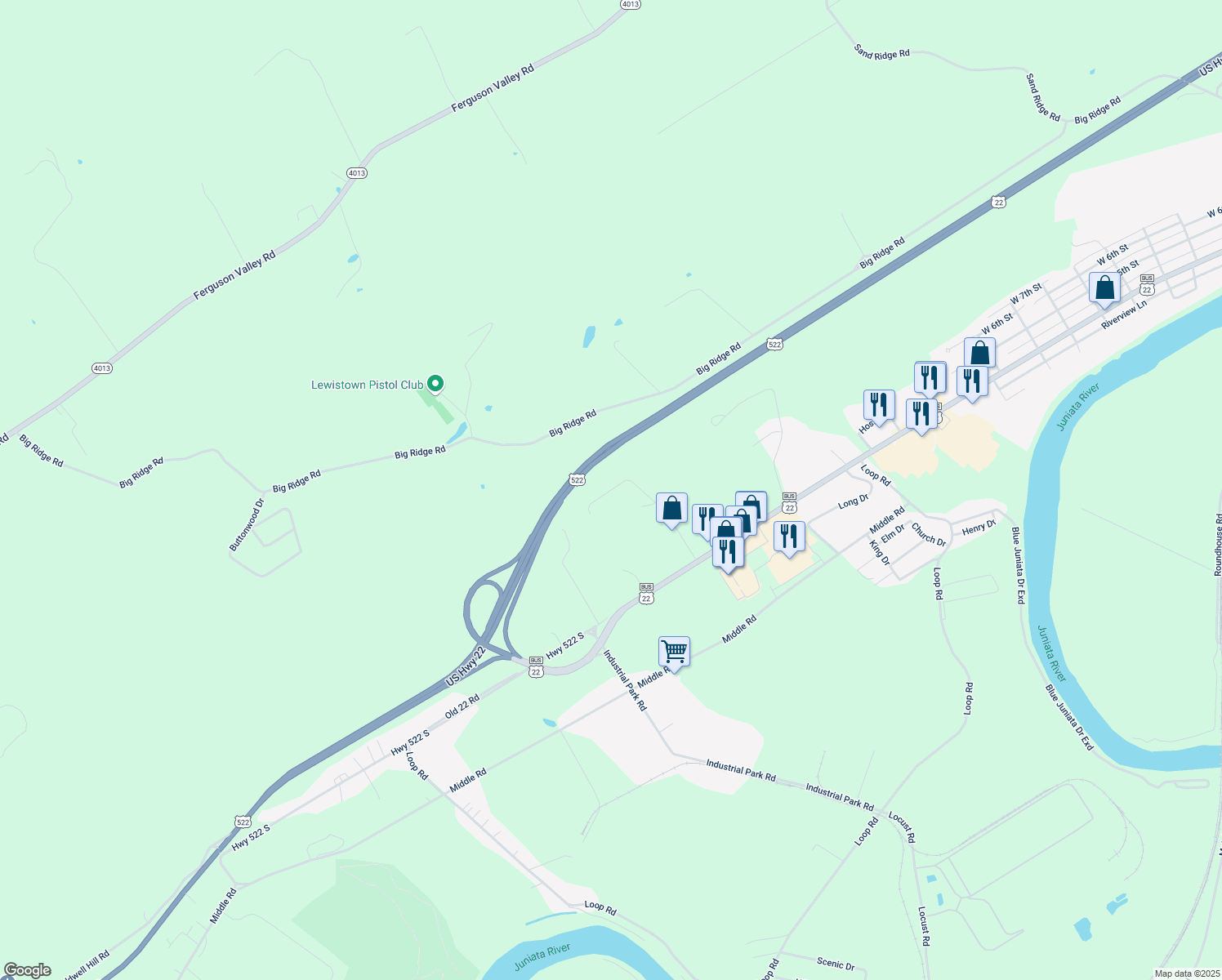 map of restaurants, bars, coffee shops, grocery stores, and more near 221 Cliffside Drive in Lewistown