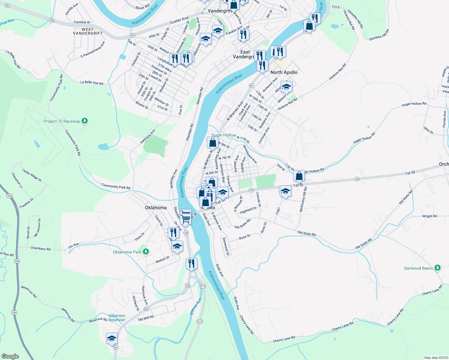 map of restaurants, bars, coffee shops, grocery stores, and more near 515 North 4th Street in Apollo