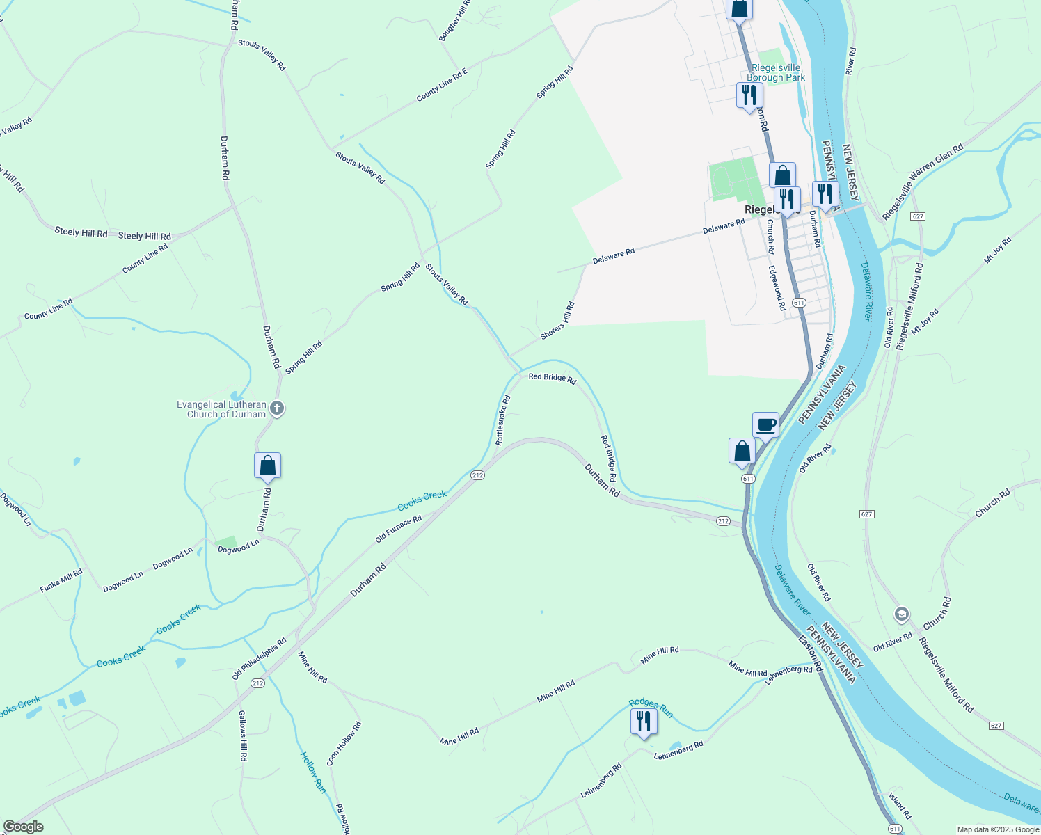 map of restaurants, bars, coffee shops, grocery stores, and more near 130 Rattlesnake Road in Kintnersville