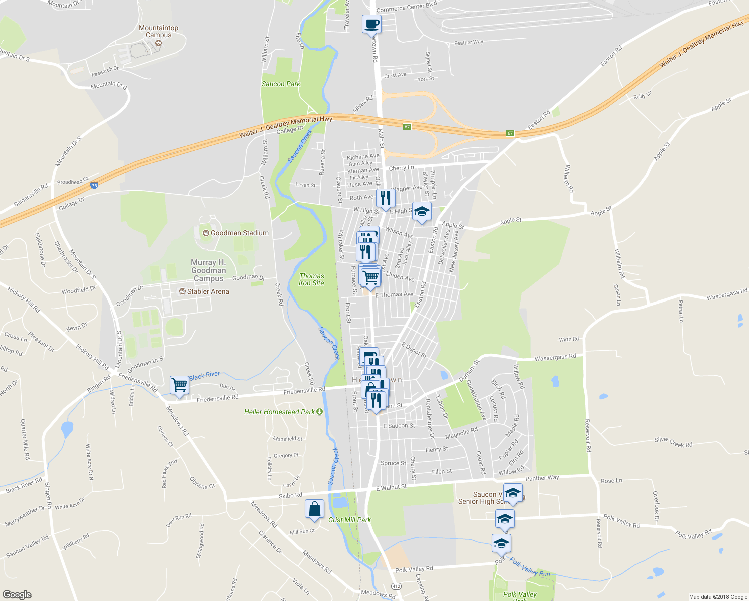 map of restaurants, bars, coffee shops, grocery stores, and more near 1083 Main Street in Hellertown