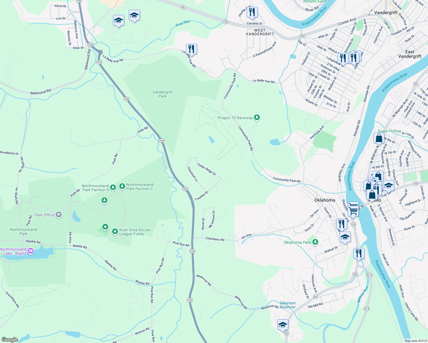 map of restaurants, bars, coffee shops, grocery stores, and more near 620 Cedar Ridge Drive in Apollo