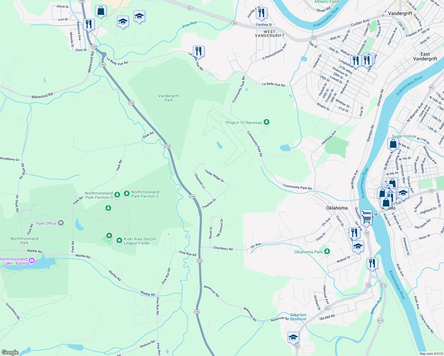 map of restaurants, bars, coffee shops, grocery stores, and more near 620 Cedar Ridge Drive in Apollo