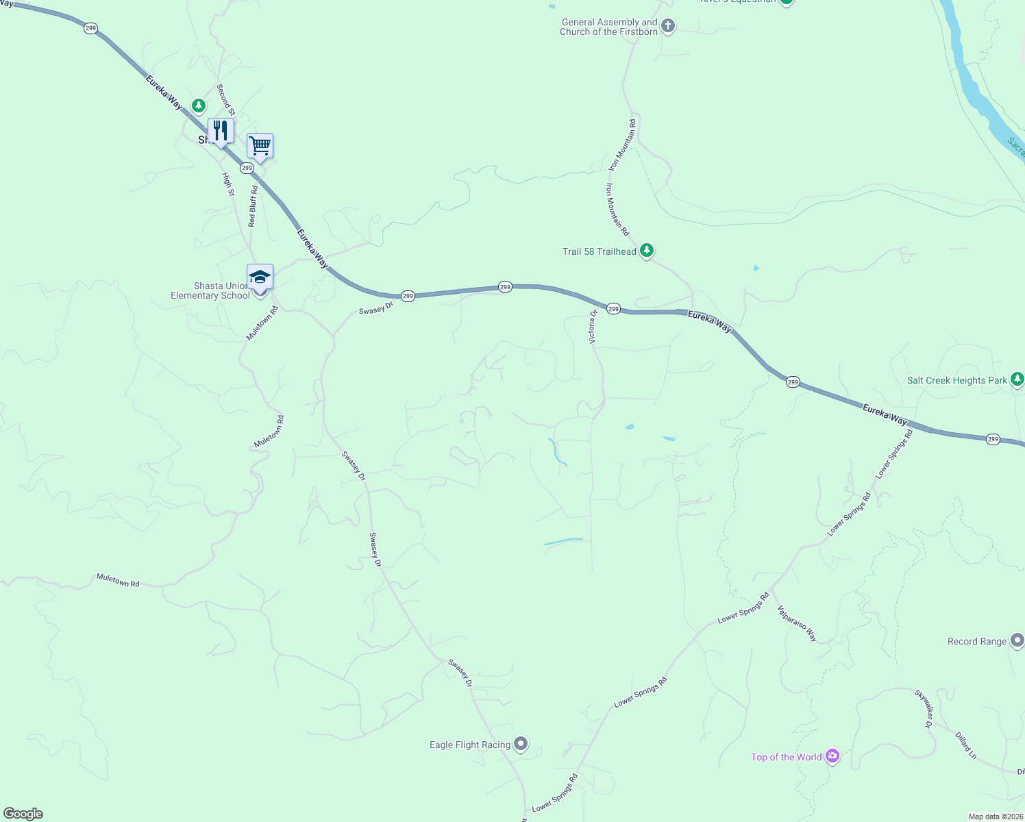 map of restaurants, bars, coffee shops, grocery stores, and more near 10255 Carrousel Drive in Redding