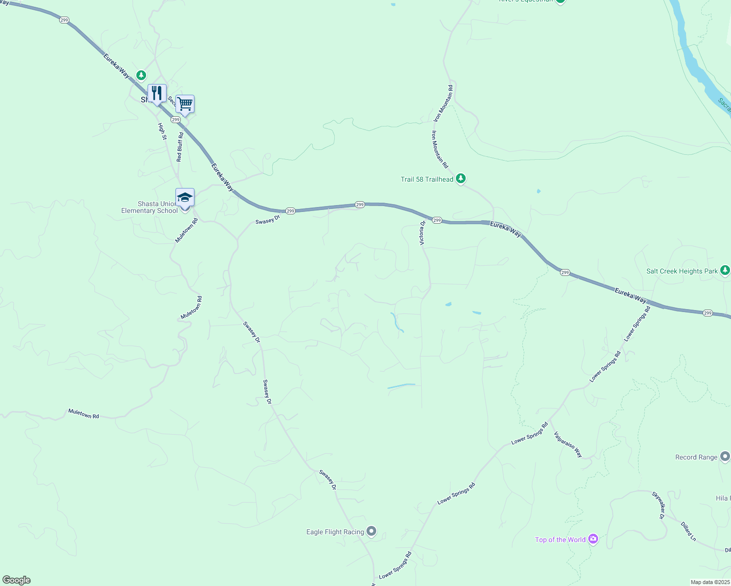 map of restaurants, bars, coffee shops, grocery stores, and more near 10255 Carrousel Drive in Redding